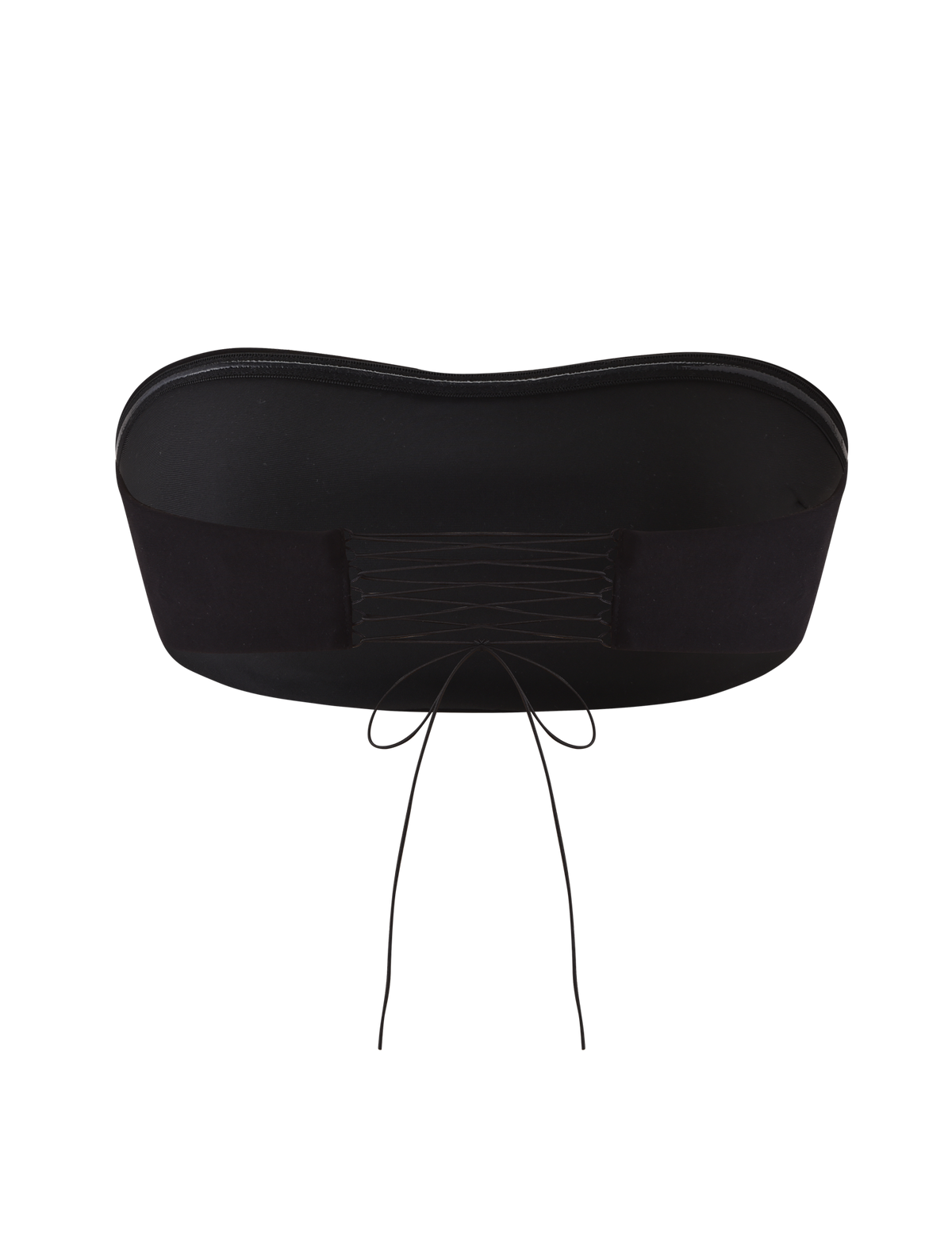 The PILAR BANDEAU - BLACK by TIGERMIST is a cropped black bandeau top in soft ponte jersey with a lace-up back and thin adjustable strings, shown against a plain white background.
