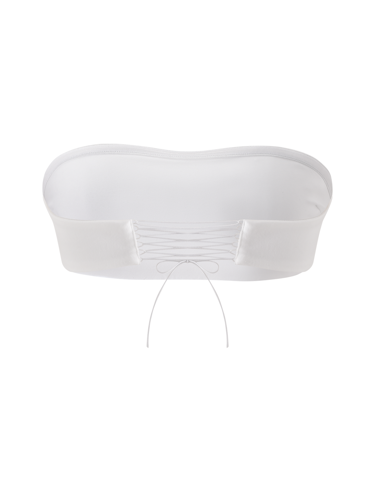 The TIGERMIST PILAR BANDEAU in white is a cropped, strapless top made from soft ponte jersey with a smooth front and an adjustable lace-up back, displayed on a plain white background.