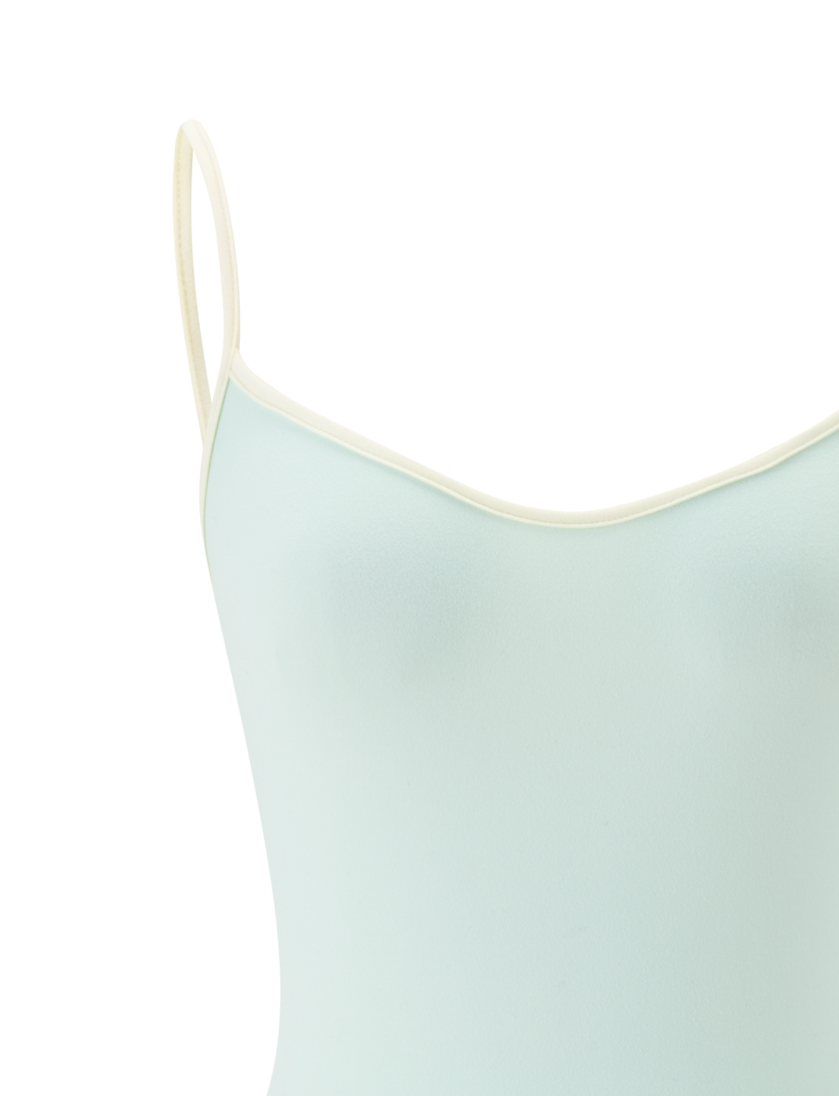 Close-up of the TIGERMIST GREER TOP in mint green, featuring adjustable spaghetti straps and cream trim on the scoop neckline, shown against a plain white background.