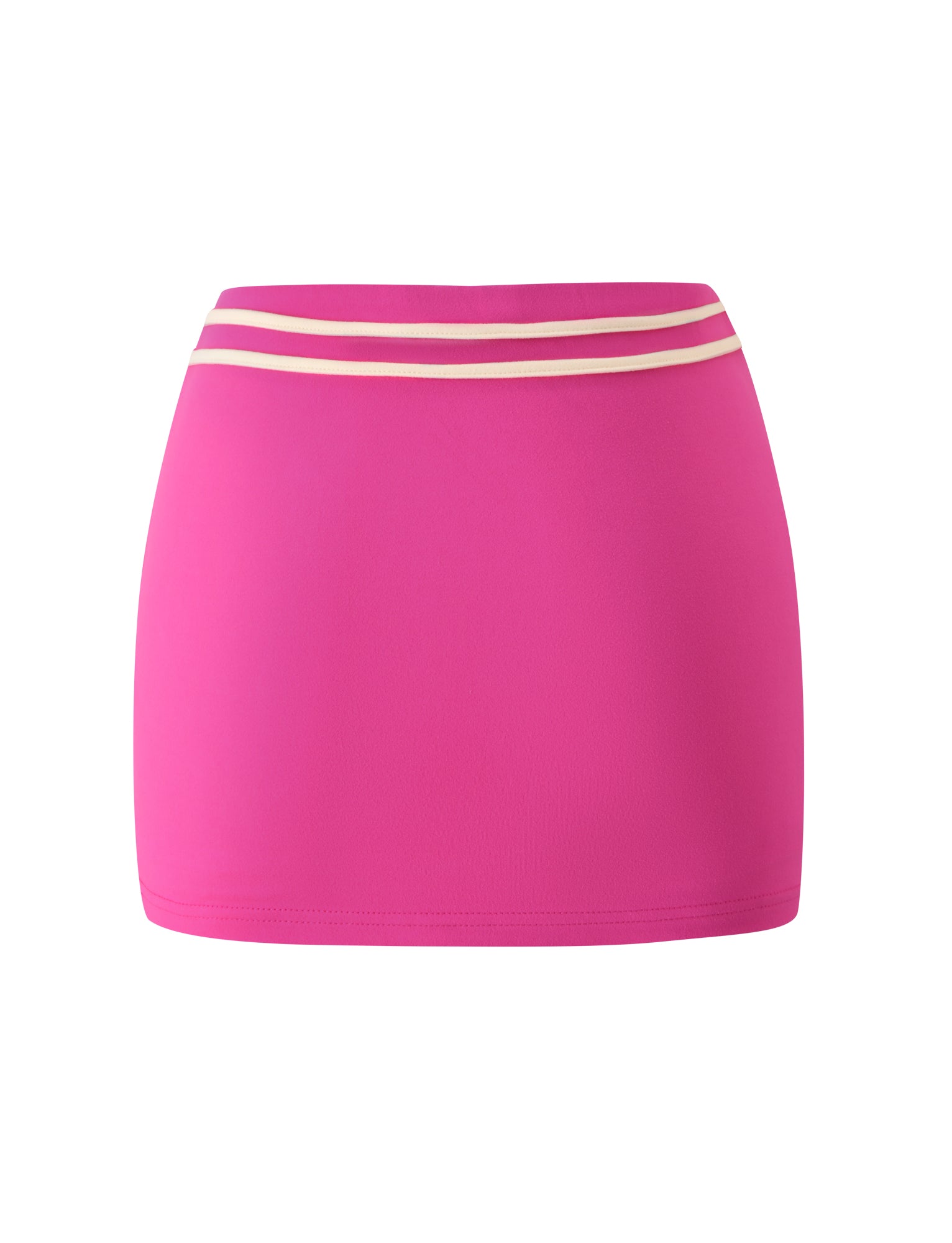 The GREER MINI SKIRT - HOT PINK by TIGERMIST features a fitted silhouette and two horizontal white stripes near the waistband.