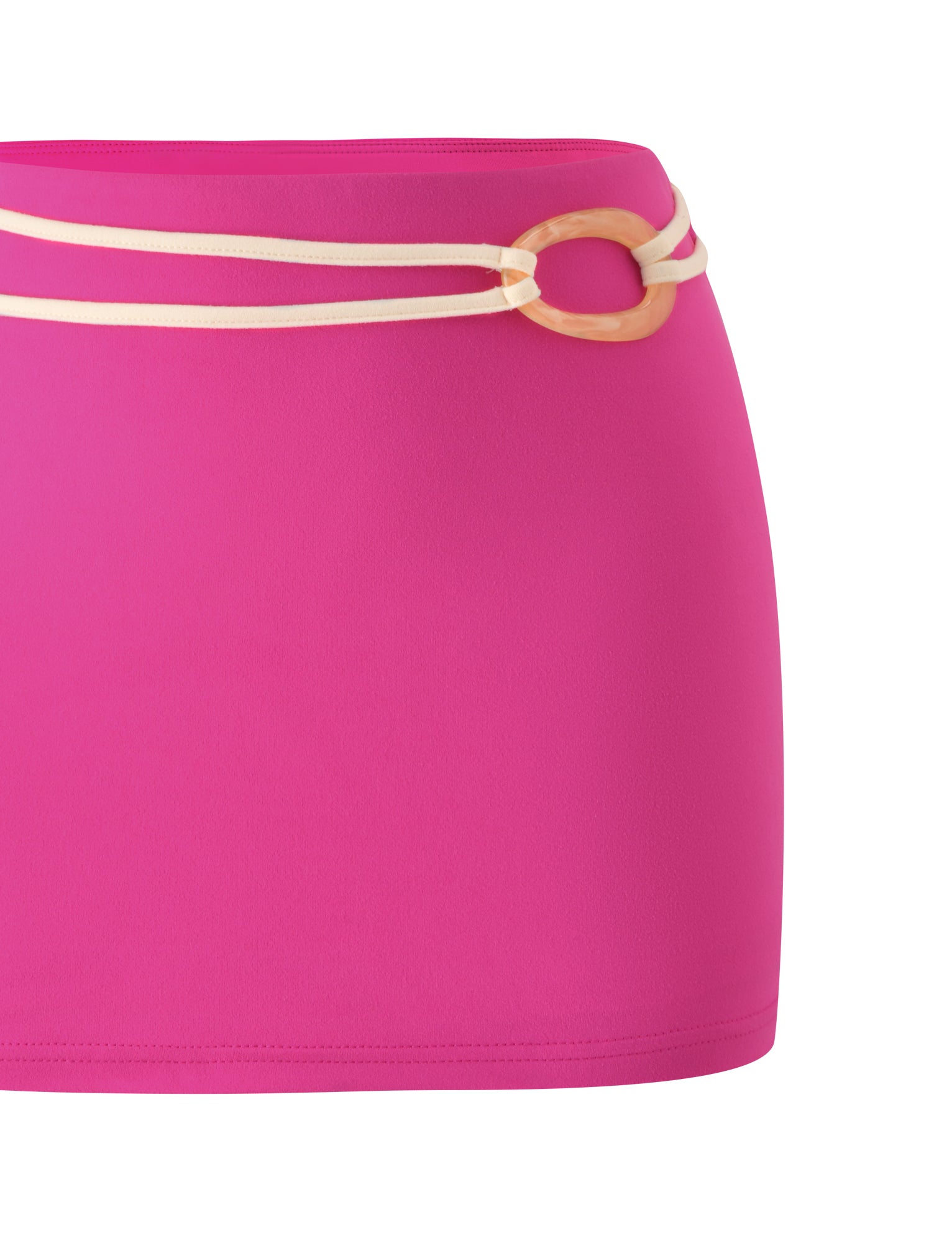 The TIGERMIST GREER MINI SKIRT in hot pink features a beige string belt with a decorative round buckle detail on the right side, set against a white background. This fitted mini skirt delivers a bold pop of color and adds stylish flair to any outfit.