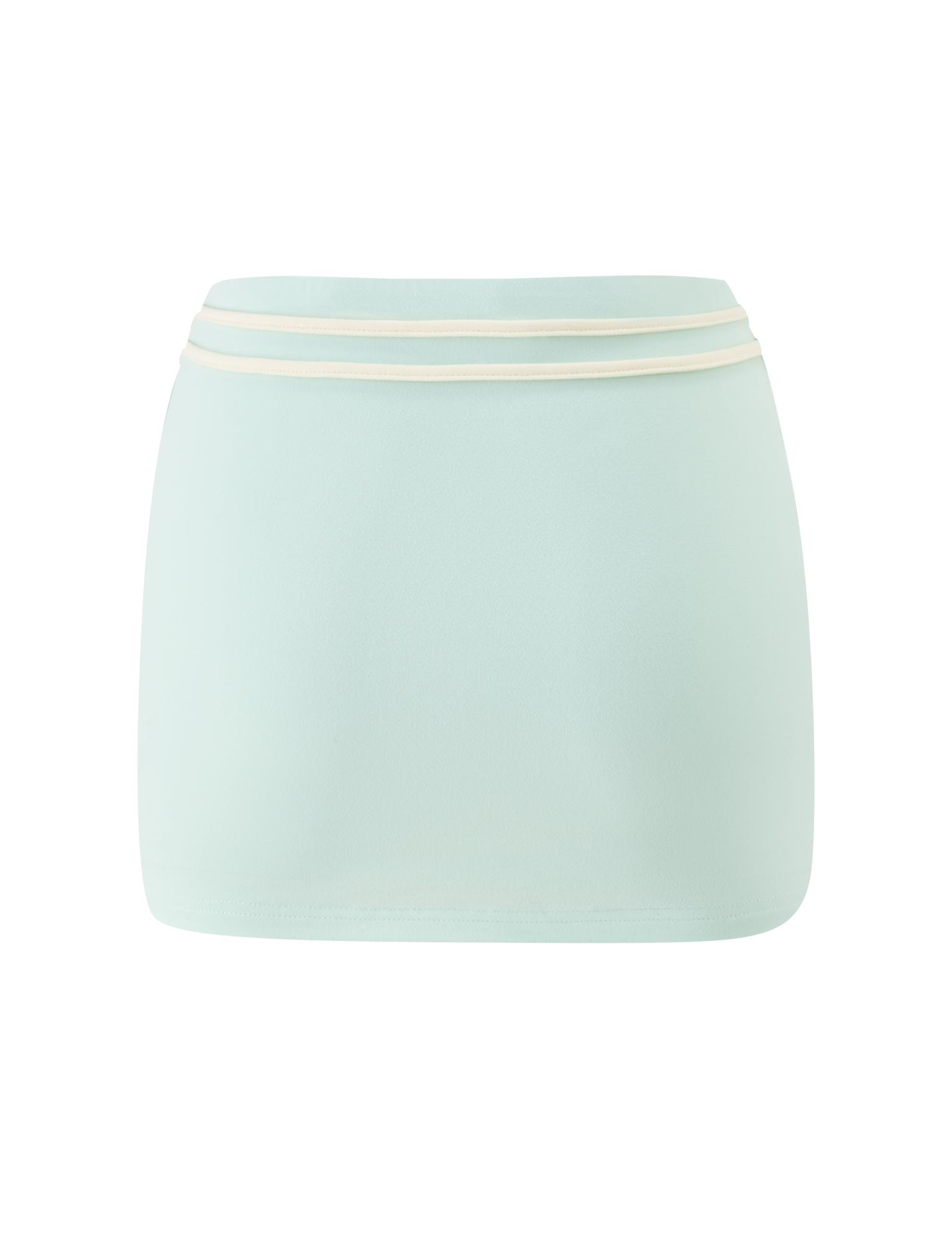 The TIGERMIST GREER MINI SKIRT in mint green features a simple design with a white stripe near the waistband, is fully lined for comfort, and is shown against a white background.