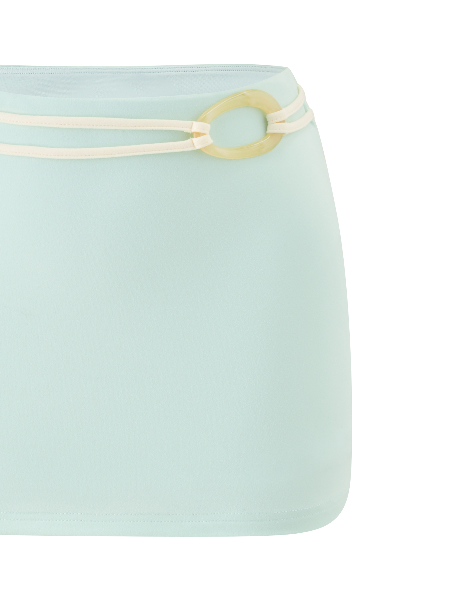The TIGERMIST GREER MINI SKIRT in mint green is a fully lined mini skirt with a cream double belt and oval buckle at the waistband, shown against a white background.