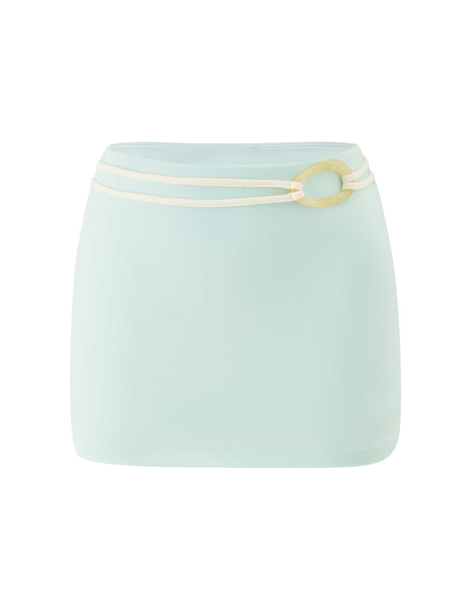 The TIGERMIST GREER MINI SKIRT in mint green is fully lined for comfort, featuring a double cream belt with a round buckle on the right side. It has a simple, smooth design with no visible patterns or textures.