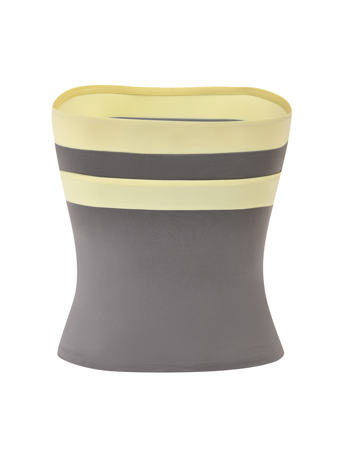 The EOS TOP - GREY AND YELLOW by TIGERMIST is a gray strapless boob tube with two striking yellow stripes near the top, shown against a white background.