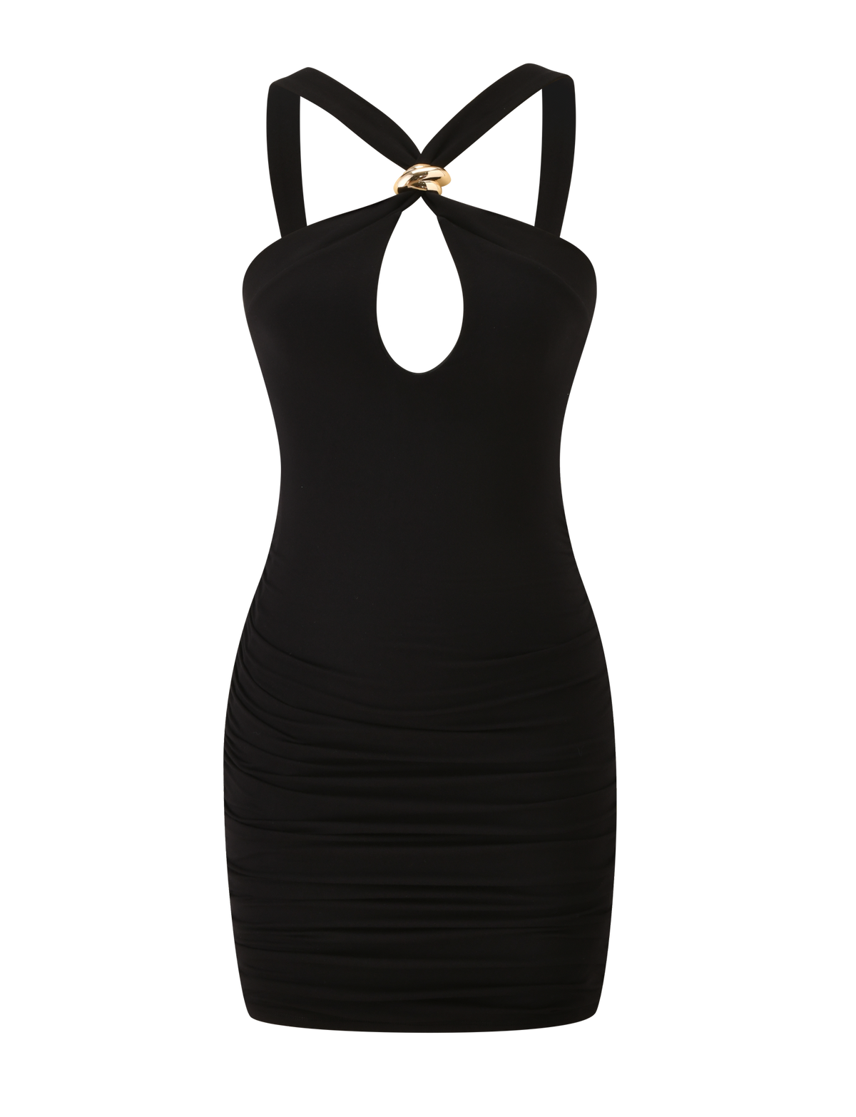 The FINCH MINI DRESS by TIGERMIST is a sleeveless black mini dress featuring crisscross straps, a chest keyhole cutout with gold ring detail, and ruched sides—perfect for date night, shown on a white background.