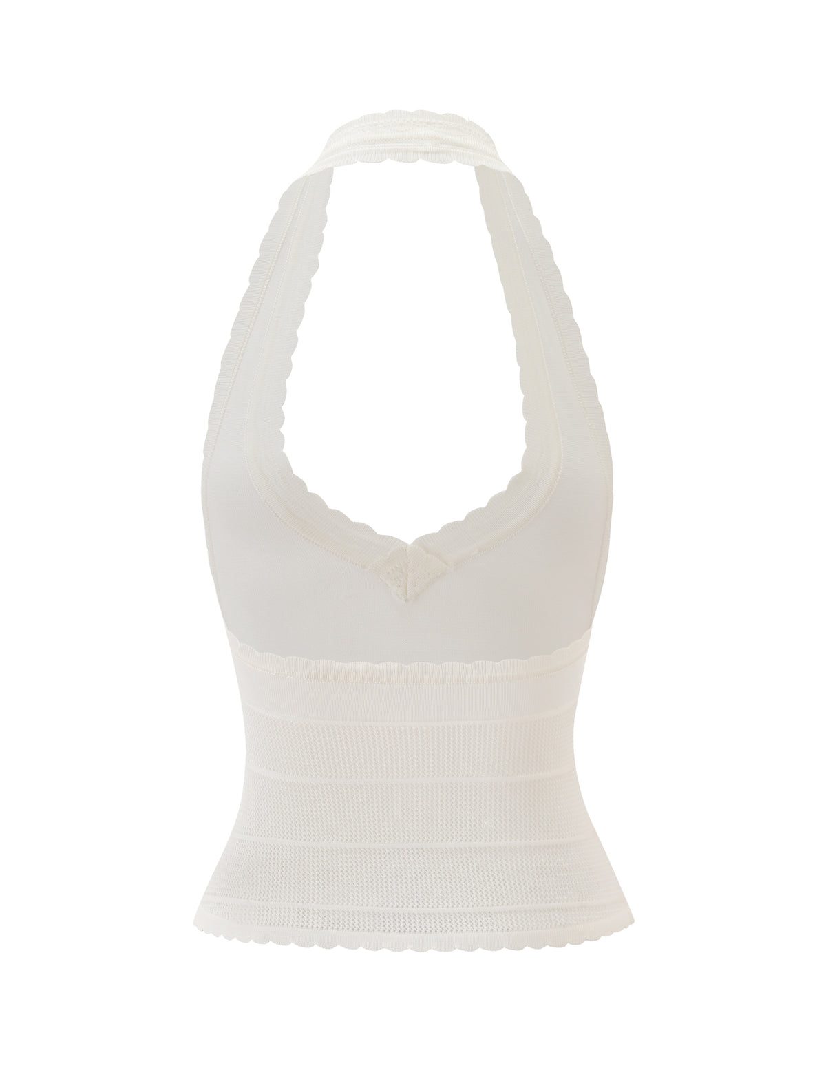 Introducing the DENI HALTER - CREAM by TIGERMIST: This elegant halter top features a white cream knit with scalloped edges, a plunging V neckline, and a fitted, ribbed bodice. Crafted from fine thread knit fabric, it offers a soft, stretchy feel with a slightly sheer finish for a refined and delicate look.