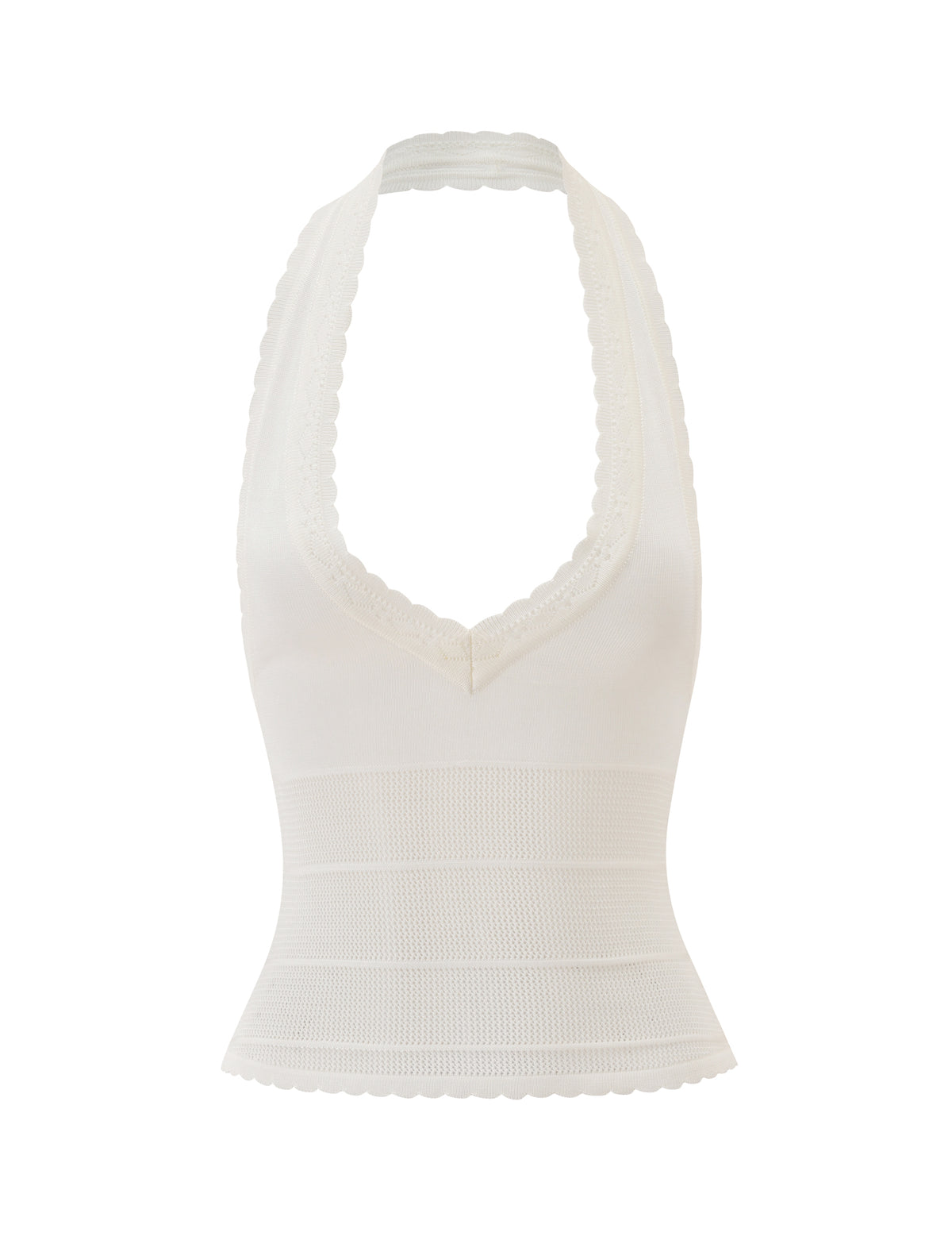 The DENI HALTER - CREAM by TIGERMIST is a sleeveless, cream halter-neck knit top featuring a plunging V neckline and scalloped edges. Crafted from a fine thread knit, this top accentuates the fitted waist with delicate ribbed detailing near the hem.