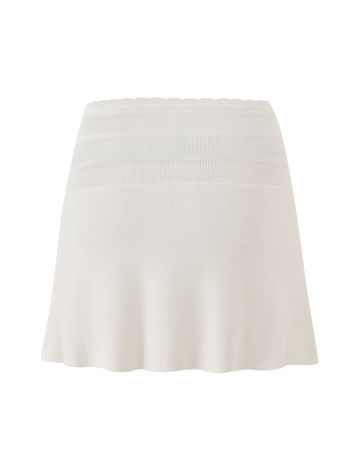 Introducing the DENI MINI SKIRT - CREAM from TIGERMIST, a white, high-waisted A-line mini skirt crafted as your go-to summer piece. It features horizontal textured stripes near the top and a subtly flared hem, set against a plain white background.