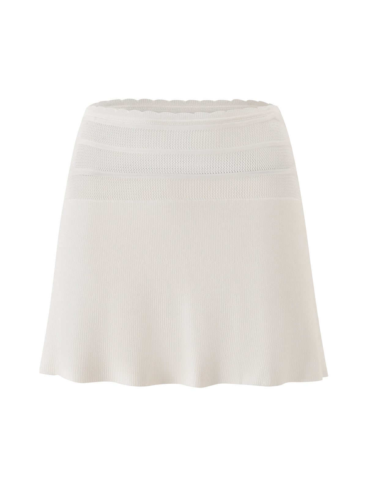 The DENI MINI SKIRT - CREAM by TIGERMIST is a lightweight, cream-colored A-line mini skirt featuring a ribbed waistband, subtle horizontal textured stripes near the top, and a gently flared hem. Its simple design makes it an ideal choice for effortless everyday summer style.