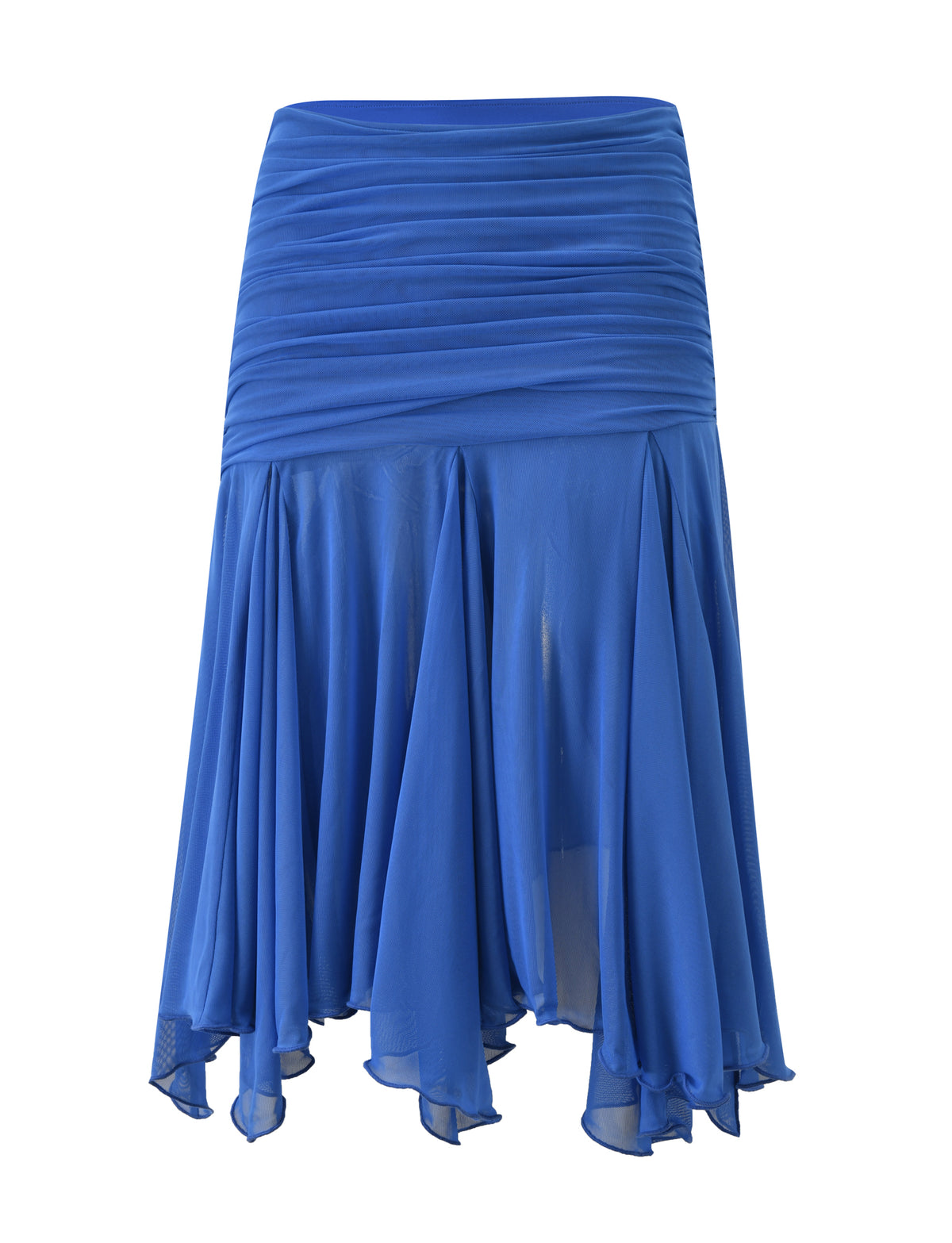 The CLEA MIDI SKIRT - COBALT by TIGERMIST is a cobalt blue midi skirt made from airy chiffon, featuring a ruched waistband and an elegant, flowy asymmetrical hem.
