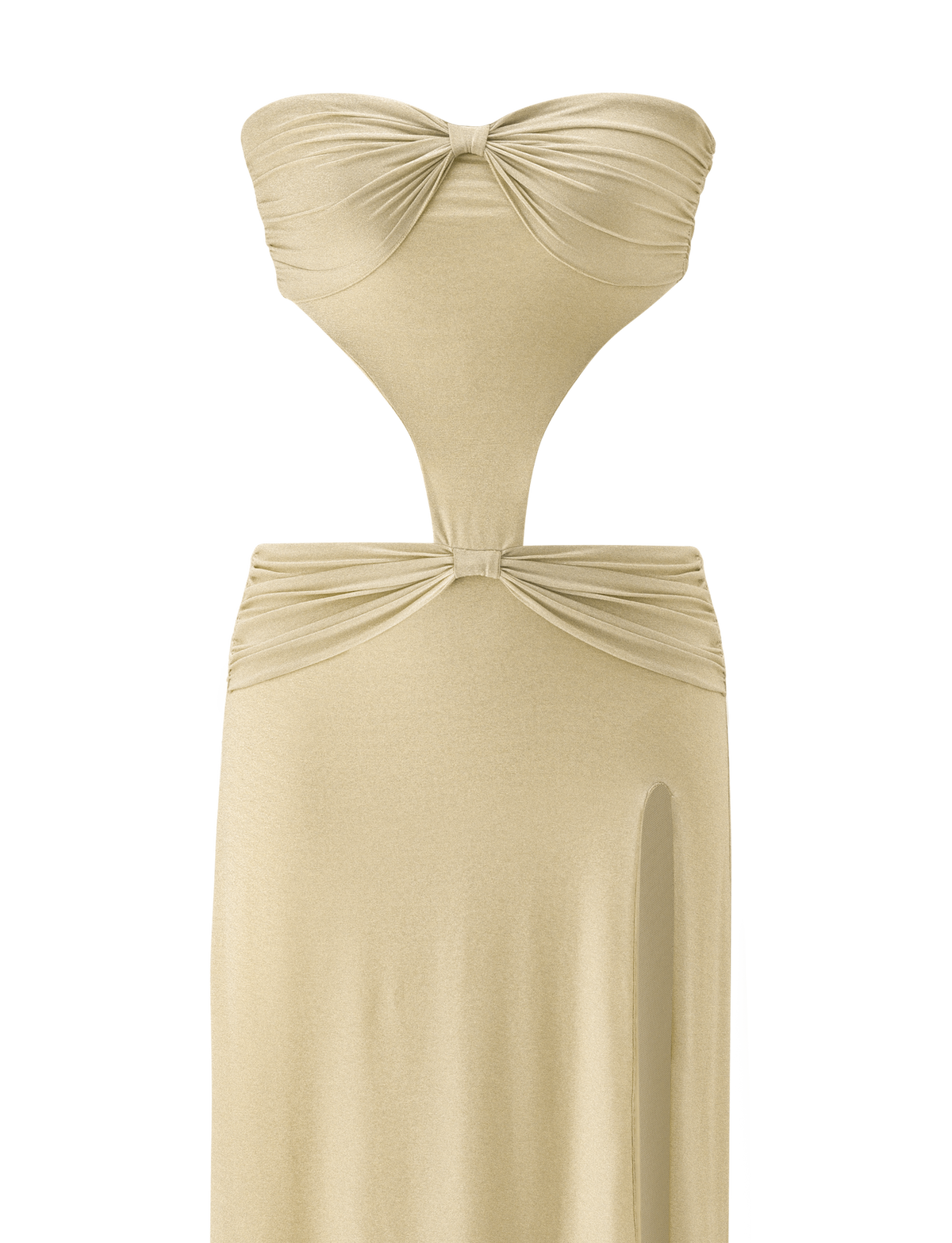 Introducing the KYNLEE 2.0 MAXI DRESS - GOLD by TIGERMIST: a strapless light gold mesh dress featuring a ruched bandeau top, front waist cut-out, gathered hip detail, and high slit—perfect for an elegant evening look.