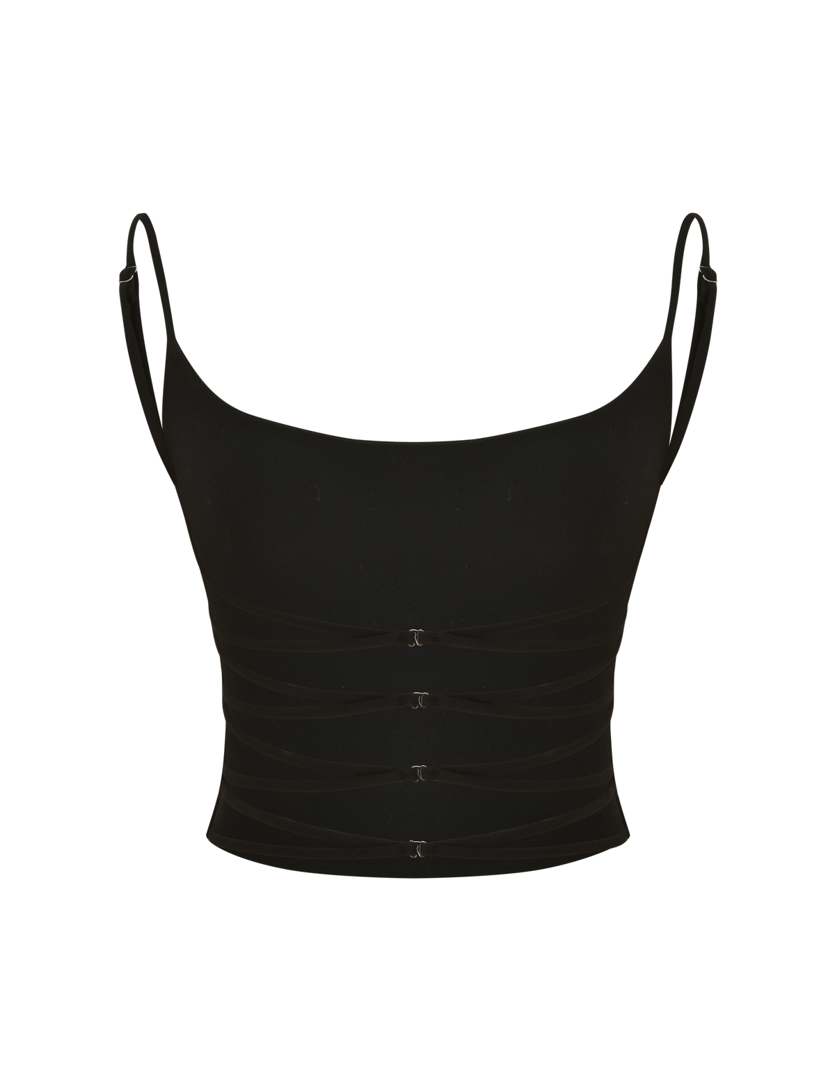 The MINERVA TOP - BLACK by TIGERMIST is a black singlet with adjustable spaghetti straps, a scoop neckline, and four horizontal front hook closures.