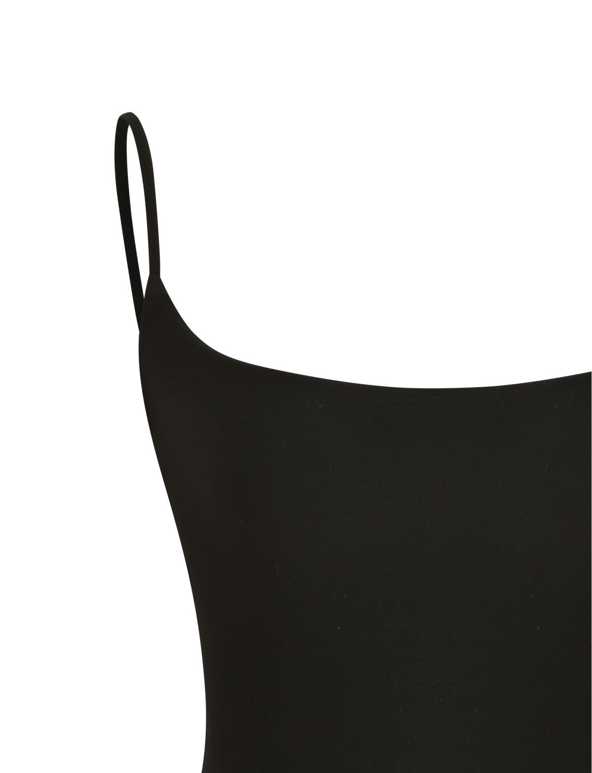 A close-up of the TIGERMIST MINERVA TOP in black, featuring adjustable spaghetti straps and a smooth, fitted fabric, displayed against a plain white background.