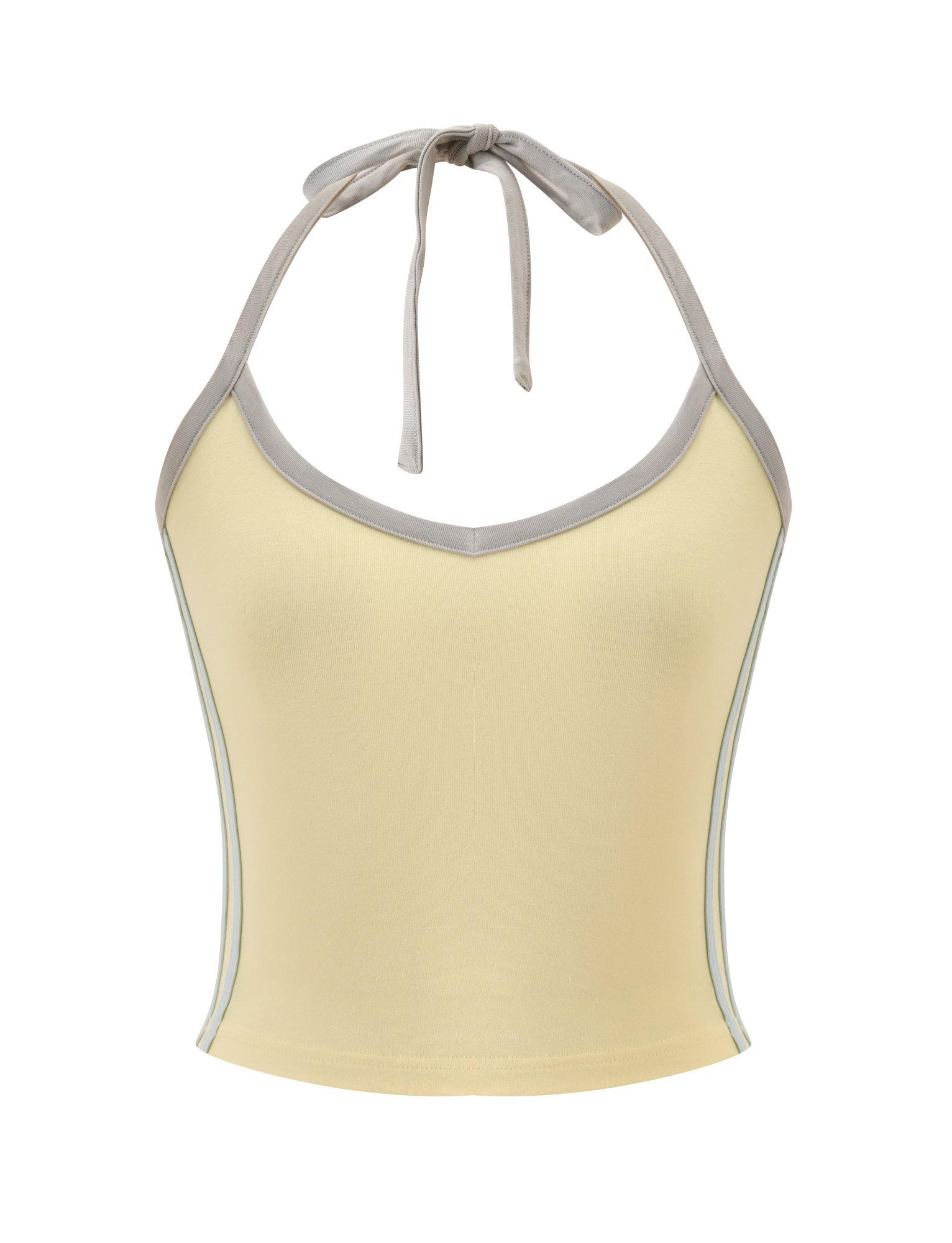 The ALYSIA TOP - BUTTER by TIGERMIST is a light yellow halter neck top with grey trim on the v-neckline, straps, and edges. It ties at the neck and features a fitted, sleeveless design.