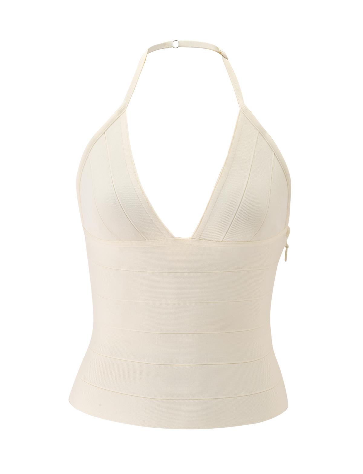 The NYX BANDAGE TOP - CREAM by TIGERMIST features a halter neck, plunging triangle cups, deep V-neckline, sculpted fit, subtle horizontal paneling, and a thin strap fastening for a chic, structured sleeveless look.