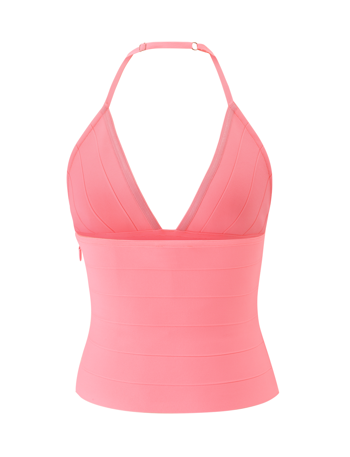 The TIGERMIST NYX BANDAGE TOP in Neon Guava features a halter neck, deep V-neckline, and sculpted fit, shown against a plain white background.