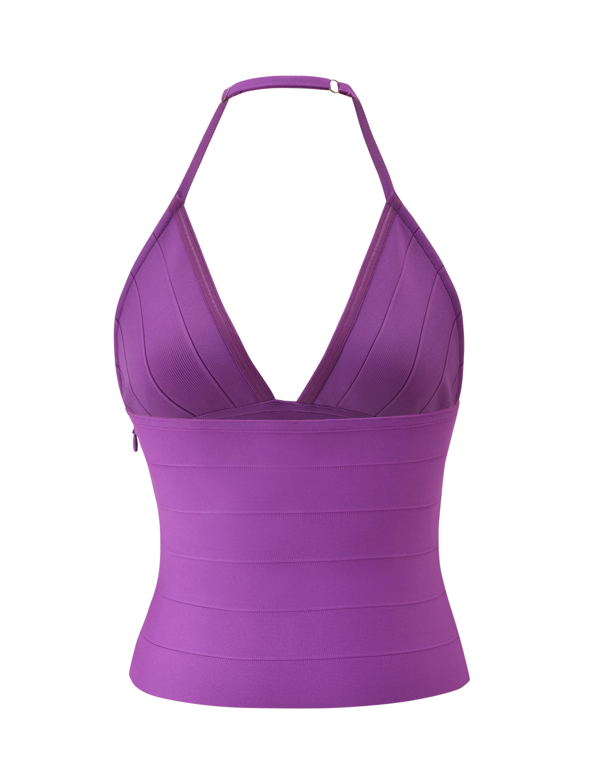 The TIGERMIST NYX BANDAGE TOP in Ultra Violet is a sleeveless halter neck bandage top with a deep V neckline and fitted panels, shown on a plain white background.