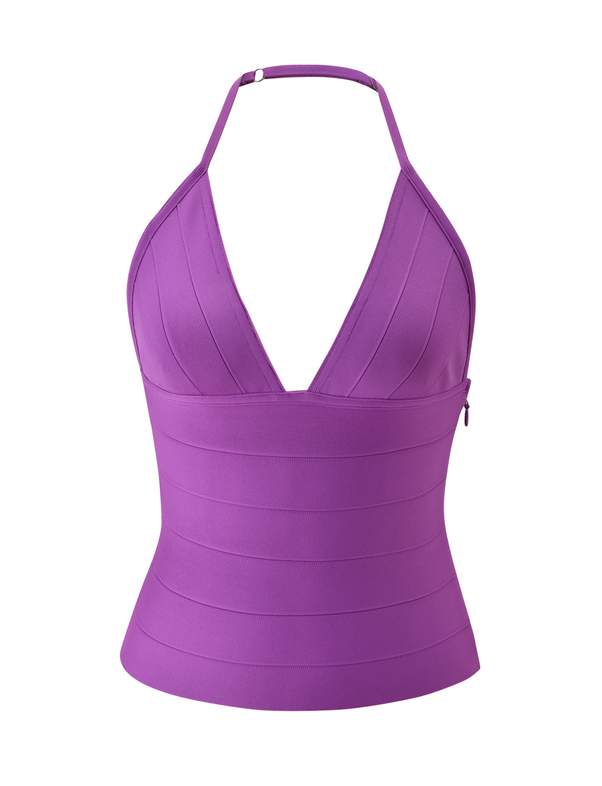 The TIGERMIST NYX BANDAGE TOP in Ultra Violet is a sleeveless, halter neck top with a deep V neckline and horizontal panel details, shown against a plain white background.