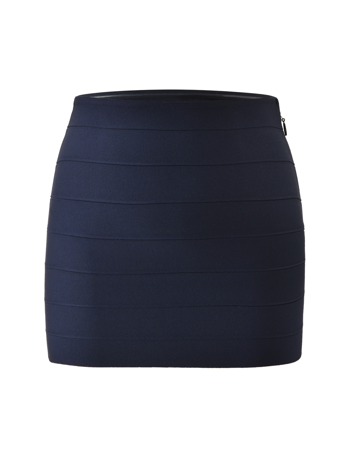The TIGERMIST NYX BANDAGE MINI SKIRT in navy blue is a high-waisted, fitted skirt featuring horizontal panel detailing, showcased against a white background.