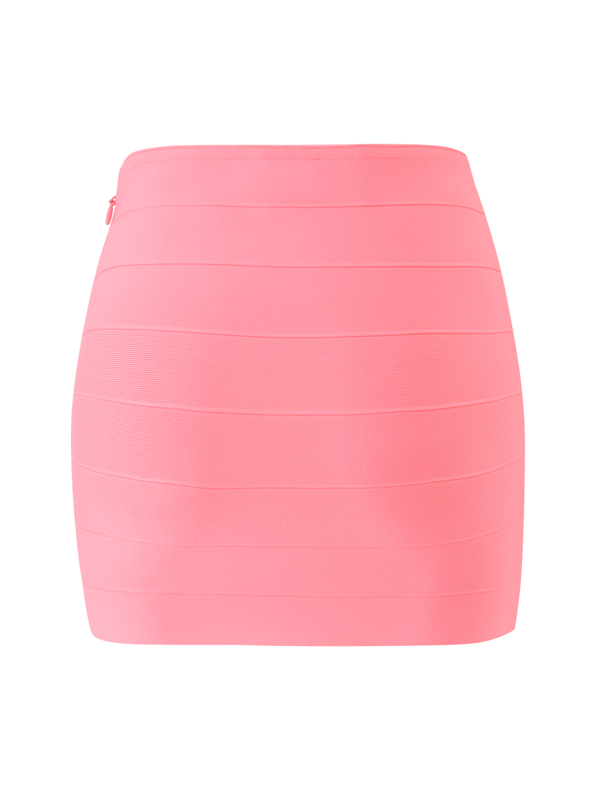 The TIGERMIST NYX BANDAGE MINI SKIRT in Neon Guava is a high-waisted, fitted mini skirt with horizontal banded detailing, shown on a plain white background.