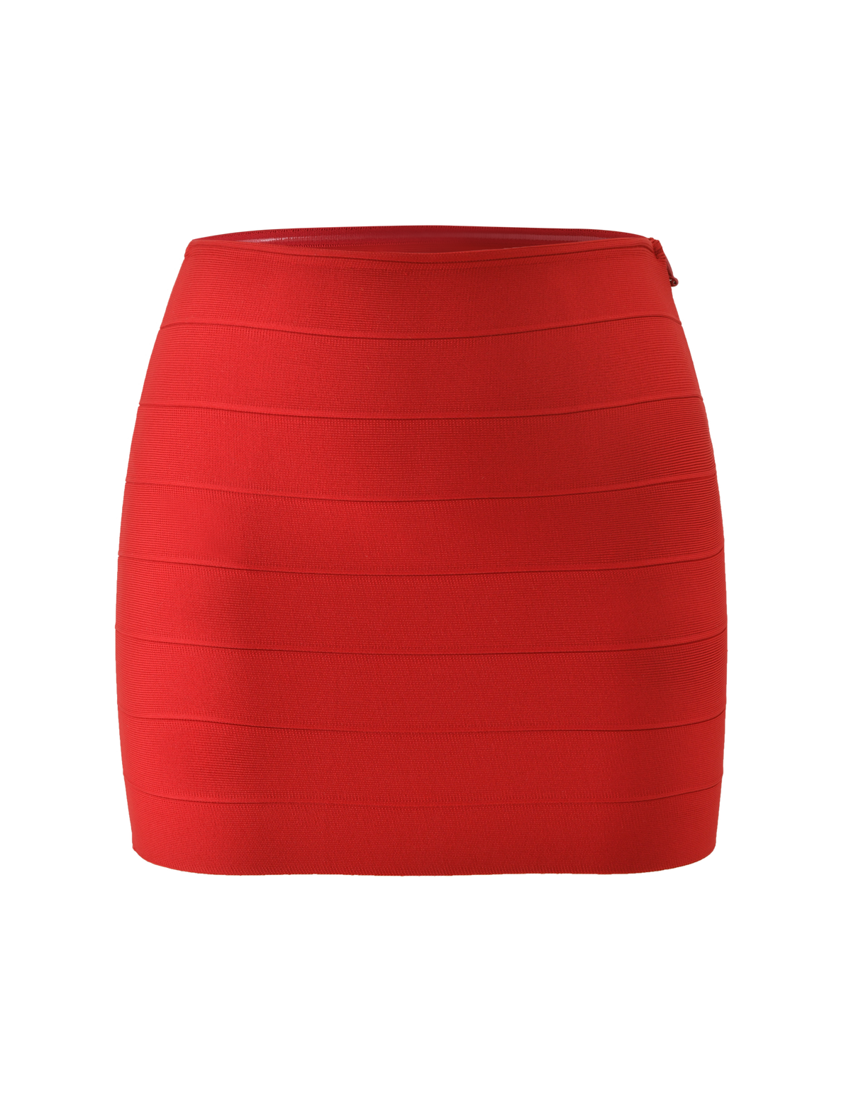 The TIGERMIST NYX BANDAGE MINI SKIRT - RED is a bright red, fitted mini skirt with horizontal panel detailing, shown against a plain white background.