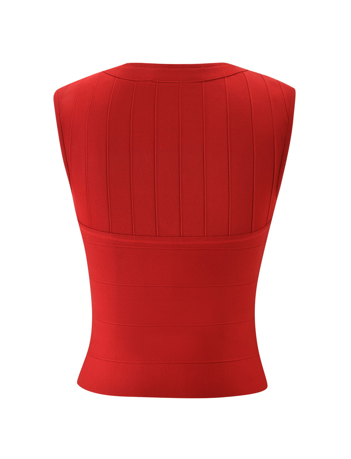 The TIGERMIST EMBER BANDAGE TOP in red is a sleeveless, form-fitting tank with vertical seam details, a fitted waistband accent, and sculpted back view.