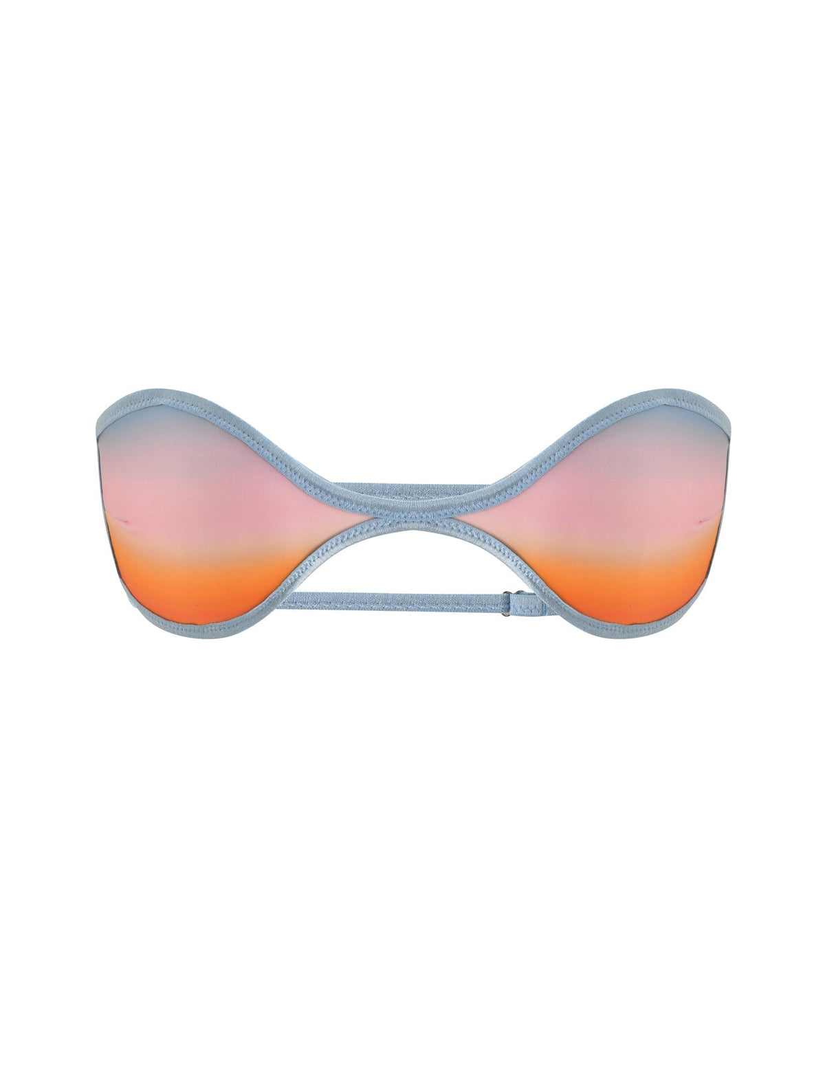 The EMERSON REVERSIBLE BIKINI TOP by TIGERMIST features a strapless bandeau design with an orange and blue plaid ombre print that creates a gradient effect, blending colors from orange at the bottom through pink into blue at the top, all set against a white backdrop.