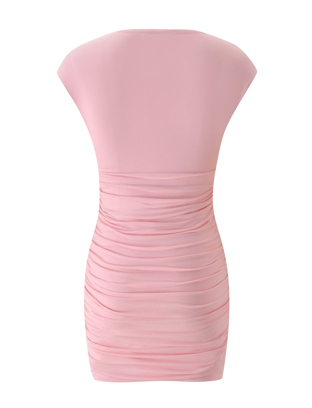 Back view of the TIGERMIST ROMI MINI DRESS in pink, featuring cap sleeves and ruched detailing at the waist and lower half. This mini dress showcases a fitted silhouette with a smooth, minimalist upper section—making it the perfect chic choice for date night.