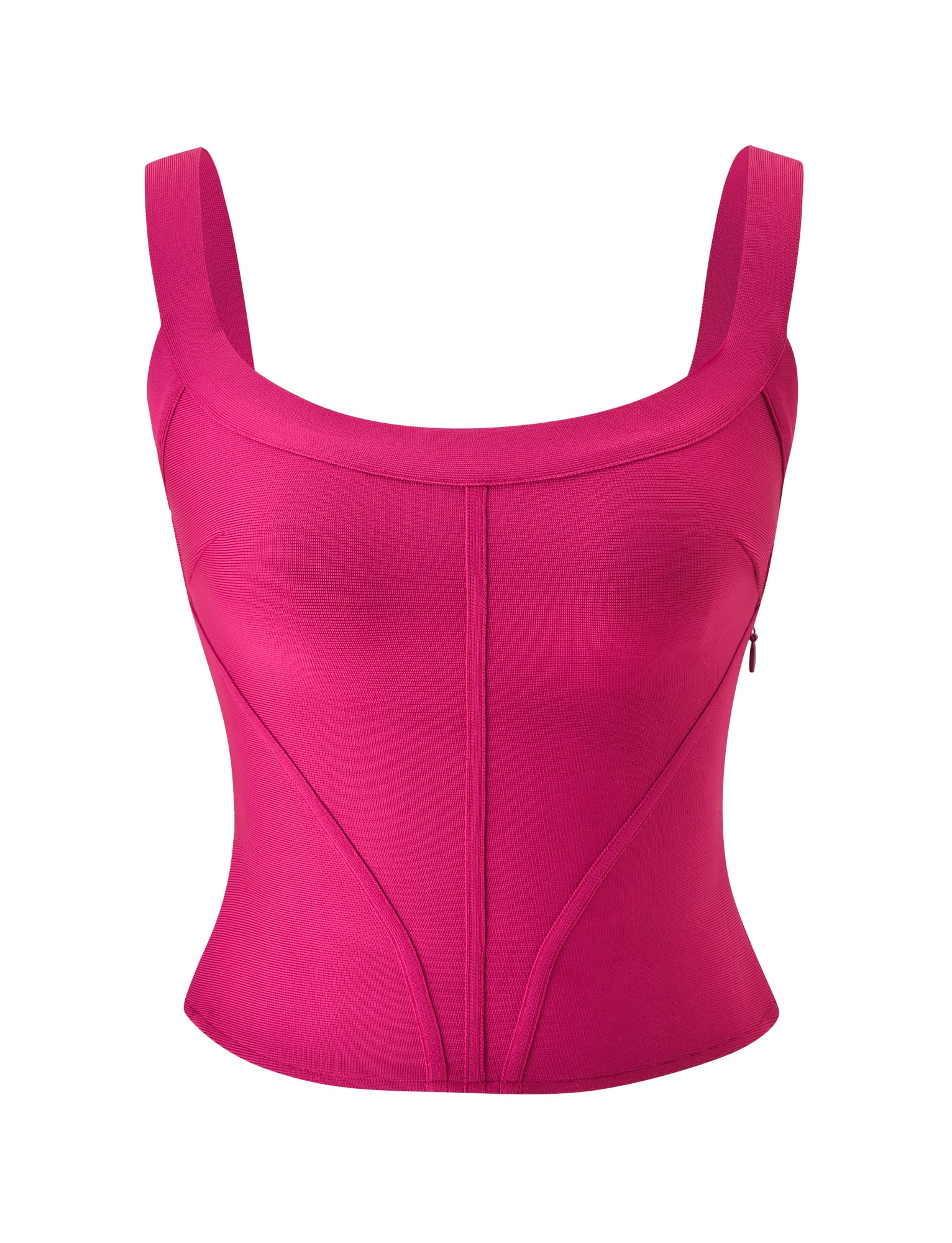 The EVA BANDAGE TOP - MAGENTA by TIGERMIST is a bright magenta pink, sleeveless bandage top with thick shoulder straps, a low scoop neckline, and prominent seam detailing on the front. Designed for a bodycon fit, this corset-style top is crafted from smooth, stretchy fabric. The product is shown against a plain white background.