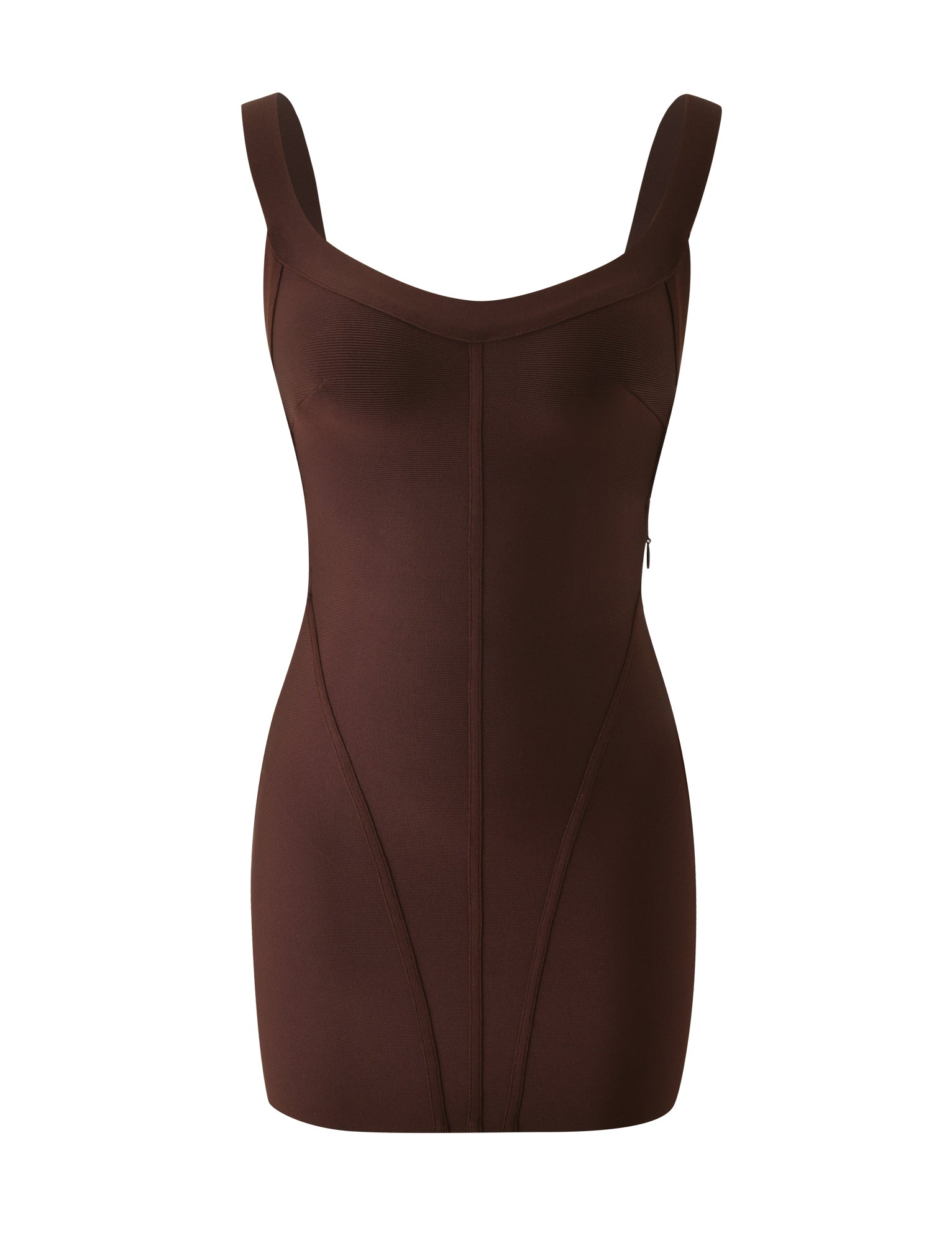 The EVA BANDAGE MINI DRESS by TIGERMIST is a sleeveless, chocolate brown mini dress with wide shoulder straps and seam detailing. Featuring a fitted, bodycon silhouette, this dress is displayed against a white background.