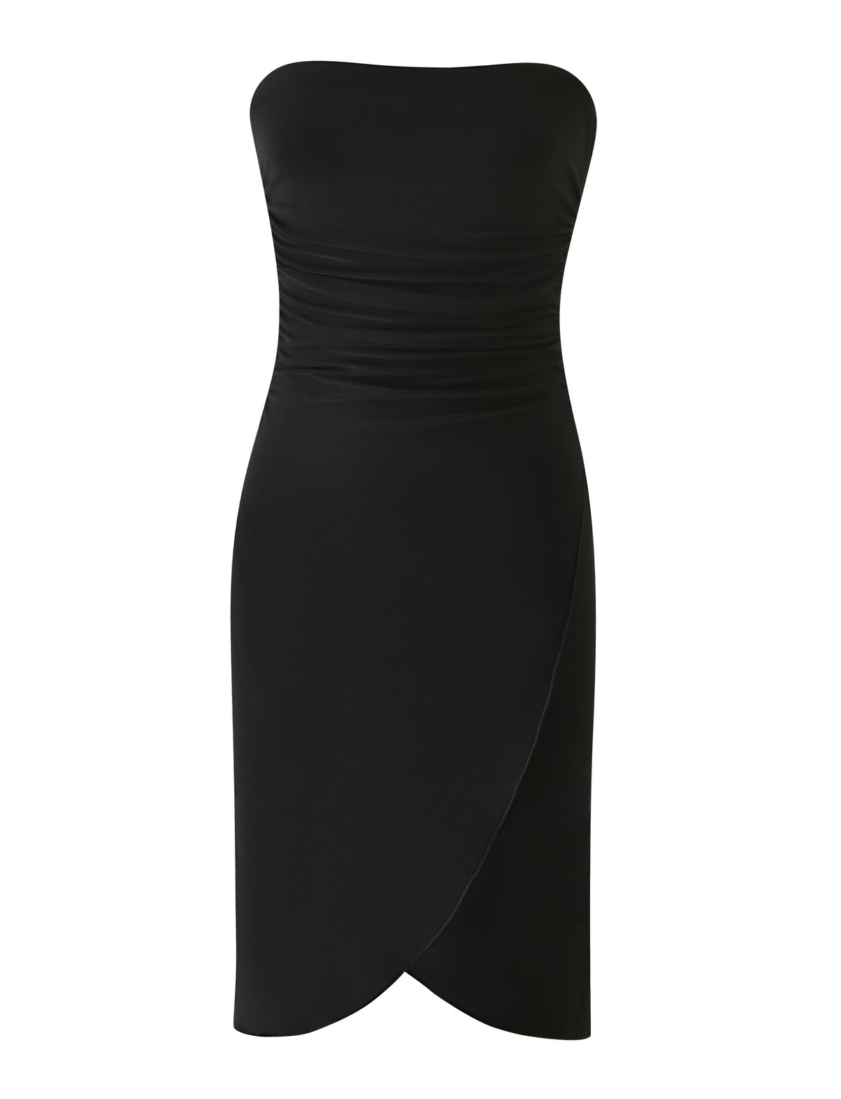 Introducing the TIGERMIST VIVIANNE MIDI DRESS in black—a stunning strapless dress featuring a fitted, ruched bodice and a tulip-style wrap skirt with an asymmetrical hem. With its sleek, elegant, and minimalist design, this black midi dress is perfect for any special occasion or as your go-to date night look.