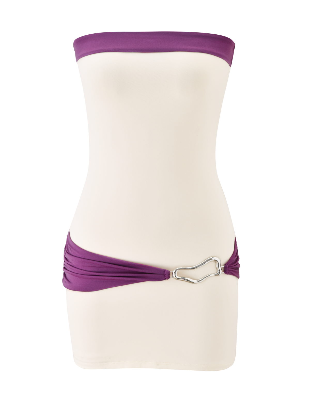 The TIGERMIST EOS MINI DRESS in cream and dusty lilac is a strapless, form-fitting mini dress with a silver heart-shaped hip buckle, shown on a white mannequin torso against a plain background.