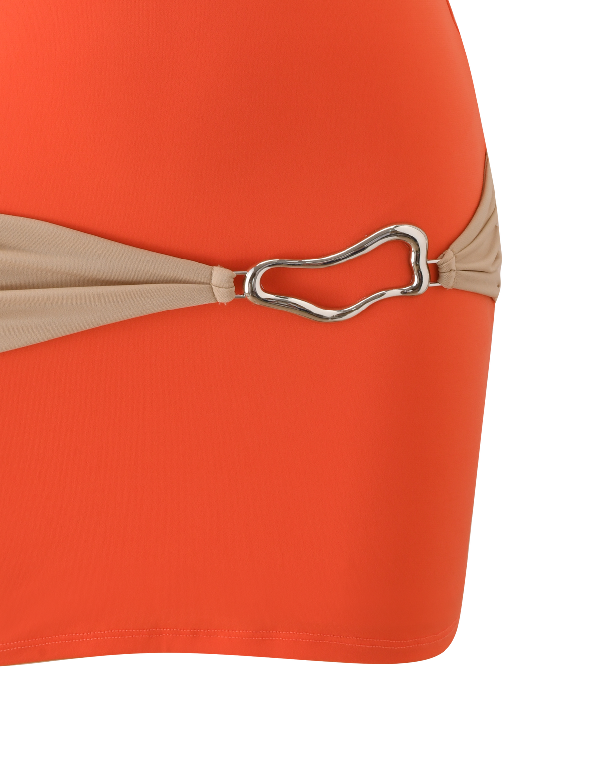 Close-up of the EOS MINI DRESS by TIGERMIST in persimmon and taupe, featuring a beige side strap with a silver buckle, displayed against a plain white background.