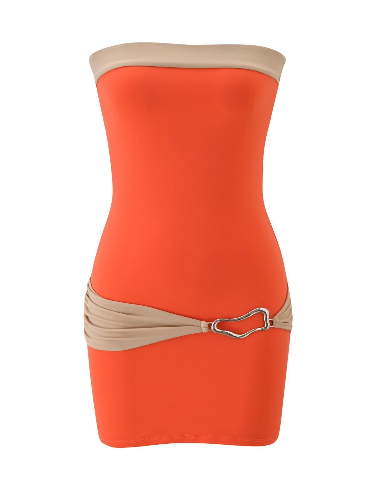 The TIGERMIST EOS MINI DRESS in persimmon and taupe is a strapless, colour-blocked mini dress with a taupe band at the top and matching belt at the hips, finished with a silver heart-shaped buckle on the left side.