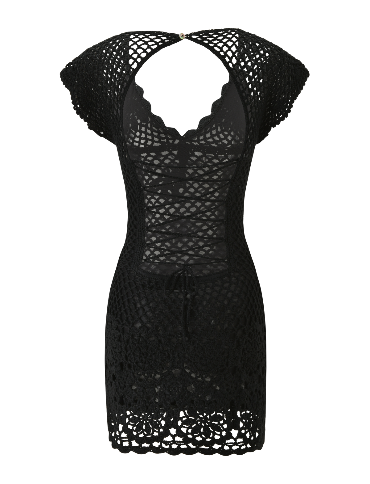 SASHA CROCHET MINI DRESS - BLACK by TIGERMIST showcases scalloped edges, cap sleeves, a deep V neckline, detailed openwork floral patterns throughout, and a bold lace-up back for an effortlessly chic look.