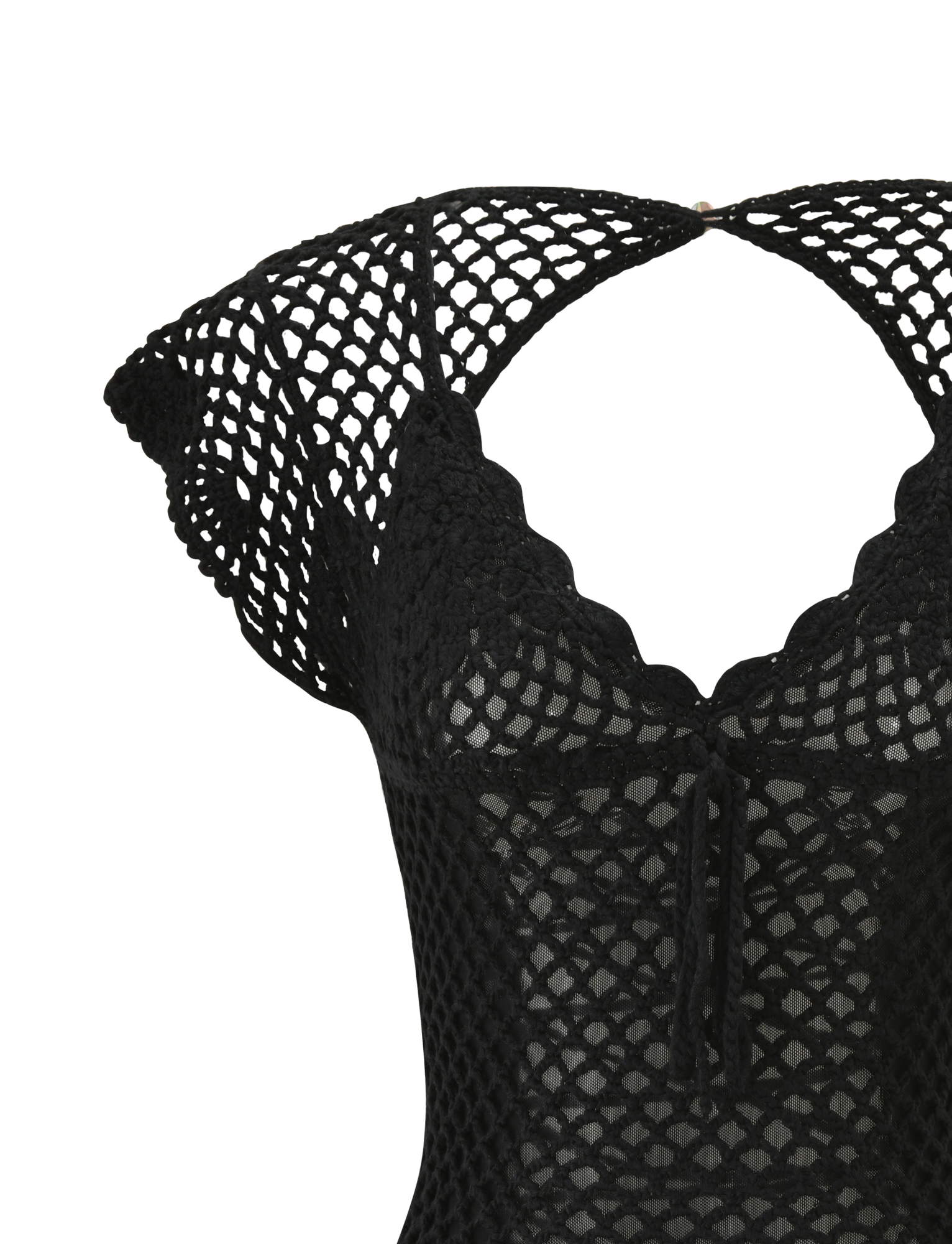 Close-up of the SASHA CROCHET MINI DRESS by TIGERMIST in black, featuring short sleeves, a scalloped V neckline, and tie detail at the chest. This intricately textured crochet mini dress is showcased against a plain white background.