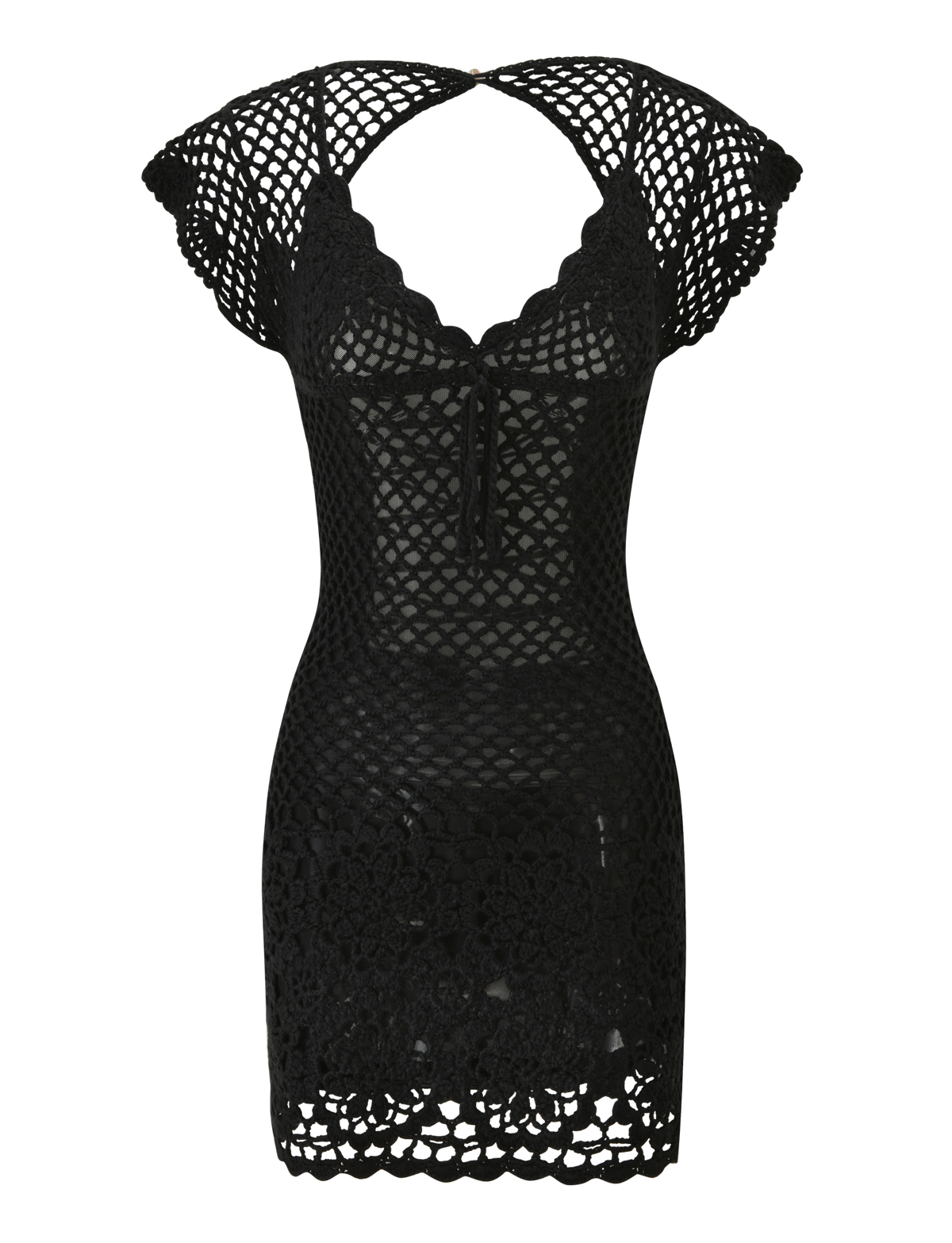 The SASHA CROCHET MINI DRESS - BLACK by TIGERMIST features a black, intricately openwork crochet design with scalloped edges, cap sleeves, and a tie detail at the neckline. This mini dress also includes a delicate lace-up back for an elegant finishing touch.