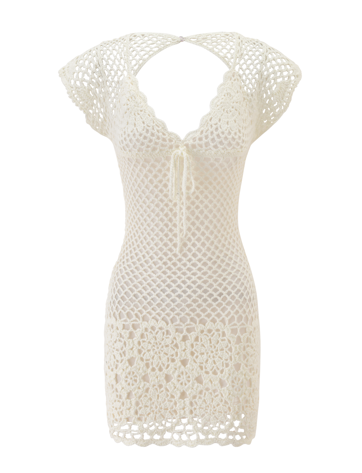 The SASHA CROCHET MINI DRESS by TIGERMIST features cream-white crochet, short sleeves, a scalloped hem, open-knit diamond bodice, bust drawstring tie, and floral crochet skirt. Ideal as a vacation dress or swim cover-up. Shown on white background.