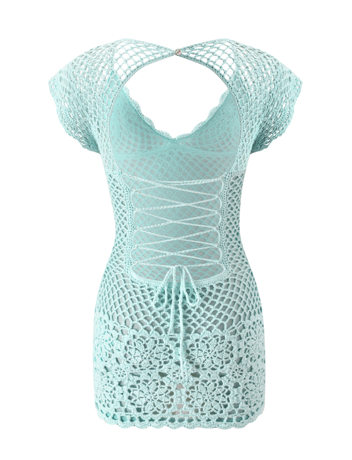 The SASHA CROCHET MINI DRESS - MINT by TIGERMIST is perfect as a bikini cover-up, featuring short sleeves, lace-up front, floral crochet details, and an open back with a metallic clasp.