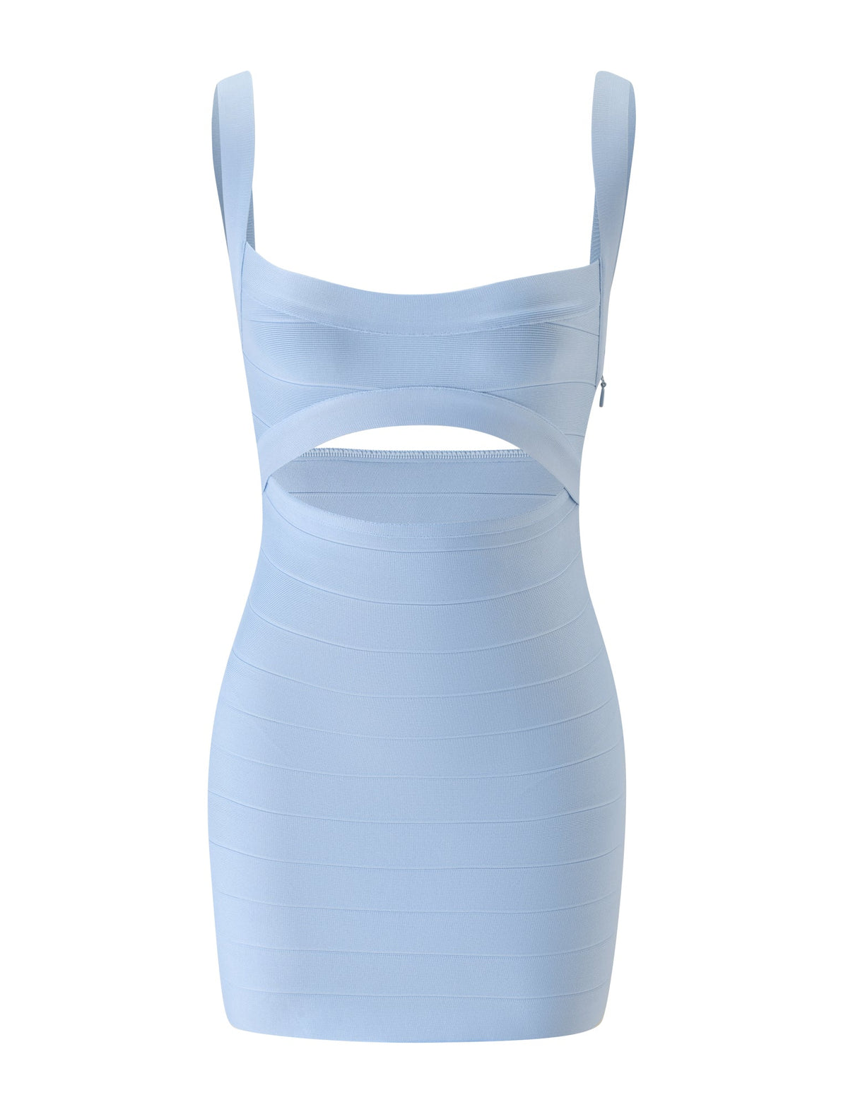 The LIEL BANDAGE MINI DRESS - BABY BLUE from TIGERMIST is a light blue, sleeveless bodycon mini dress featuring wide straps, a square neckline, and a cutout beneath the bust. With horizontal panel detailing throughout for a form-fitting silhouette, this chic piece is the perfect summer holiday dress.