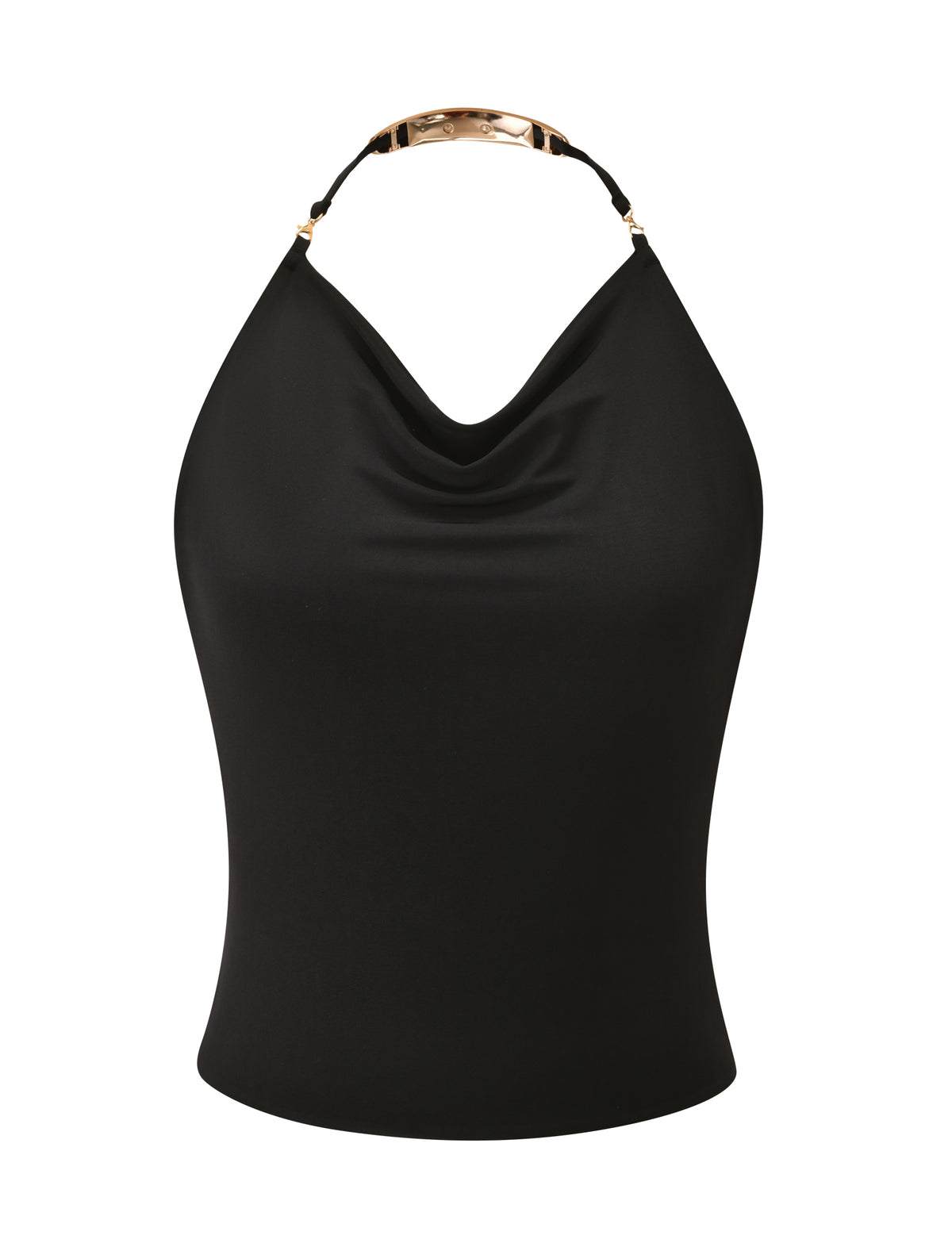 The SOLIA TOP - BLACK by TIGERMIST is a chic black halter-neck sleeveless top with a cowl neckline, gold metallic detail on the neck strap, and an elegant open back, displayed against a white background.