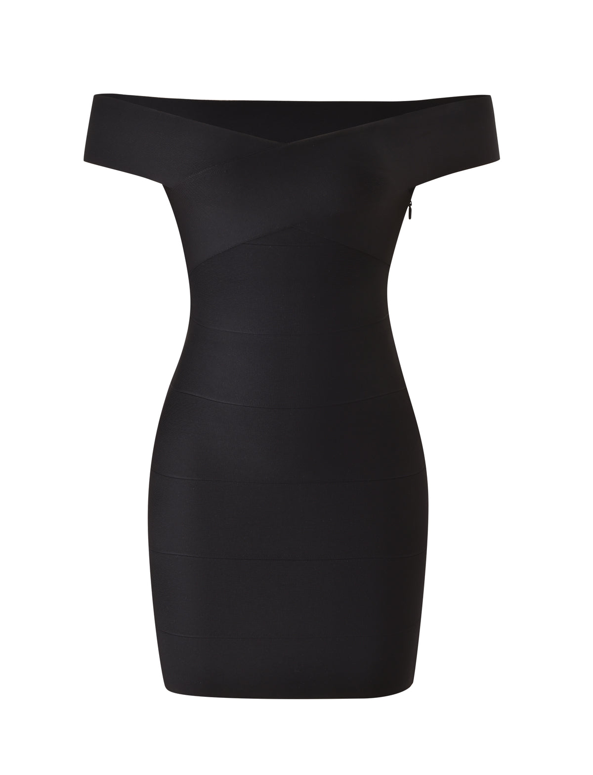The ANTONEA BANDAGE MINI DRESS by TIGERMIST is a black, off-shoulder, form-fitting mini dress with a straight neckline and no visible embellishments, displayed against a plain white background. This sleek bodycon dress showcases understated elegance through its classic silhouette.
