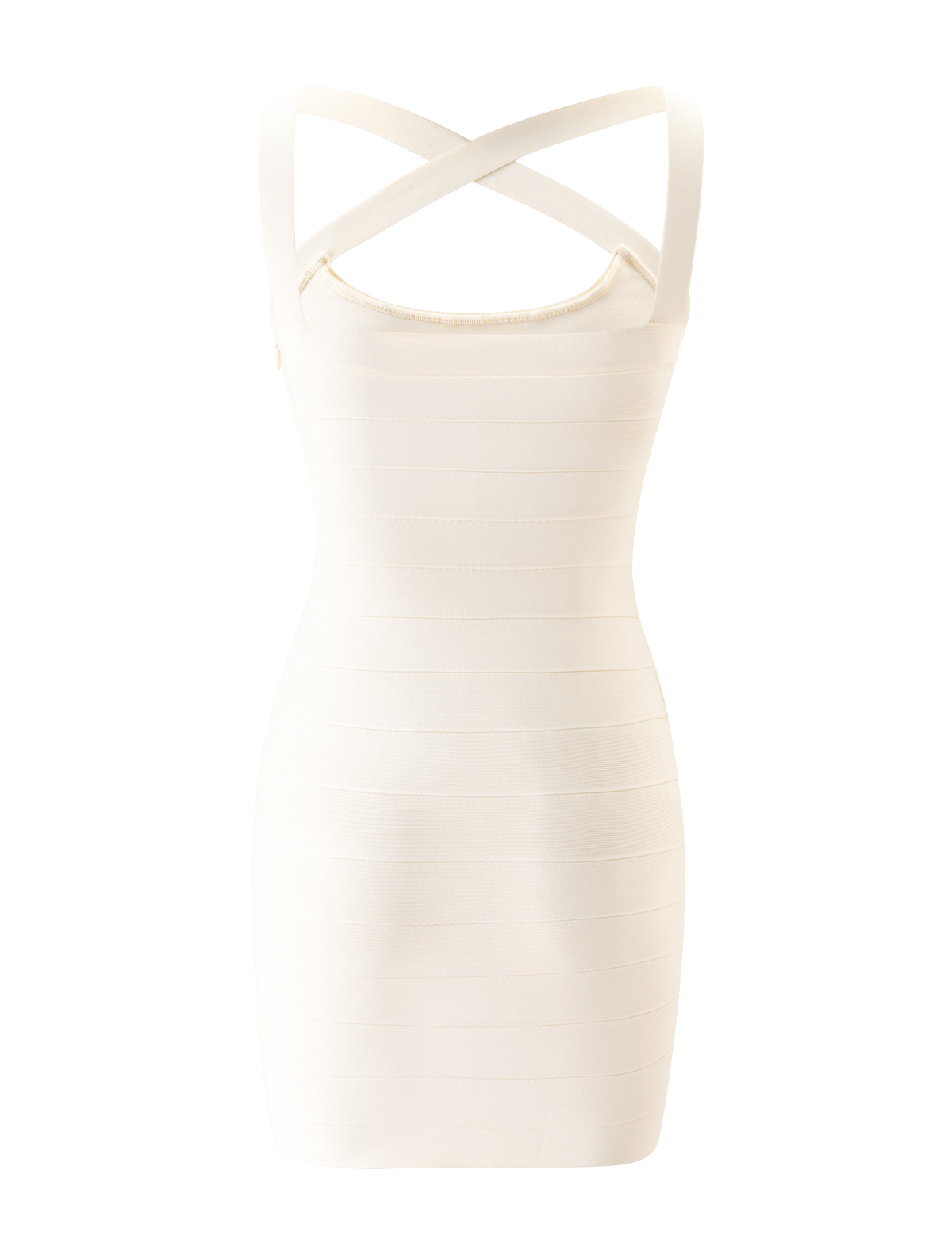 ELIORA BANDAGE MINI DRESS - IVORY in a bodycon silhouette with horizontal paneling, a halter-style neckline, and crisscross straps at the back.