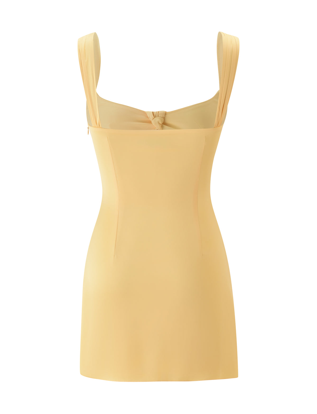The STAV MINI DRESS - BUTTER YELLOW by TIGERMIST is a sleeveless, fitted satin mini dress featuring wide shoulder straps and a subtle knot detail at the top of the back. Its smooth, slightly shiny fabric makes it an ideal choice for garden parties.
