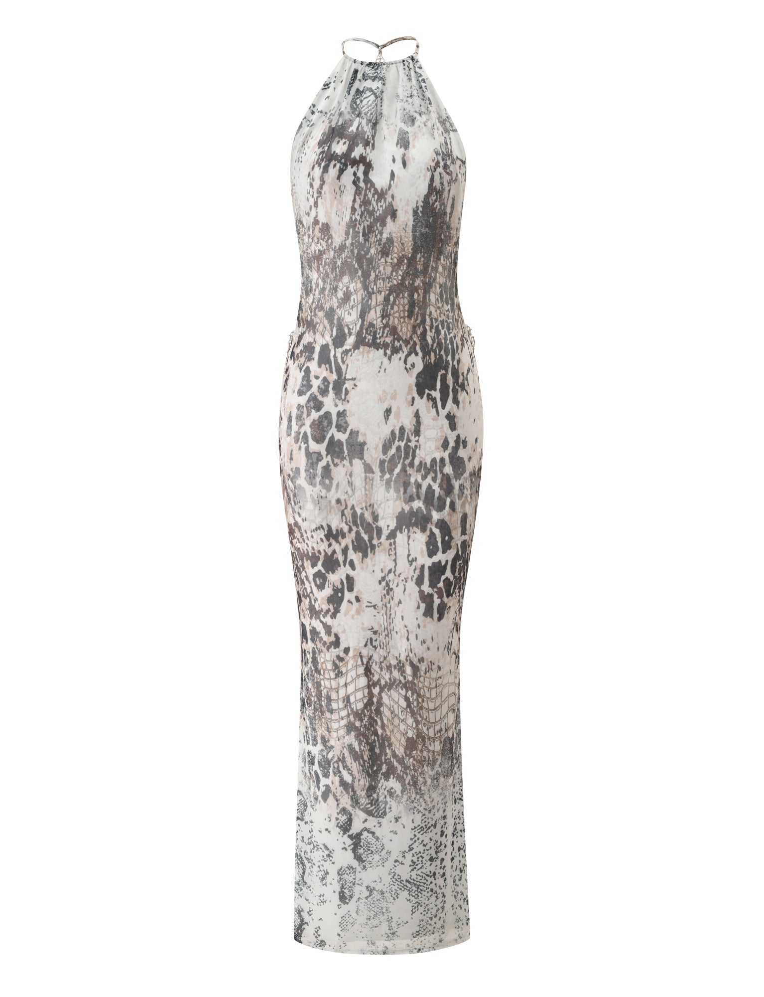 The ZALIE MAXI DRESS by TIGERMIST is a sleeveless, fitted maxi dress with a halter neckline, showcasing a striking gray and black snakeskin print throughout the fabric.