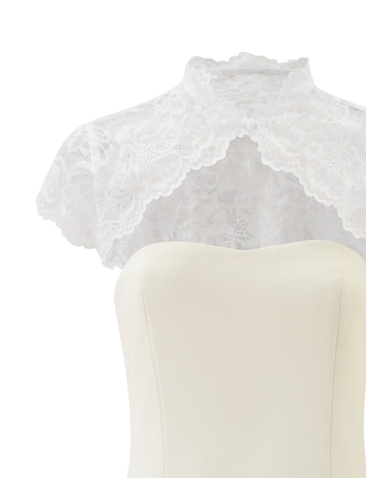 BRIA MINI DRESS - CREAM, a strapless mini dress featuring a sheer white lace high-neck overlay.