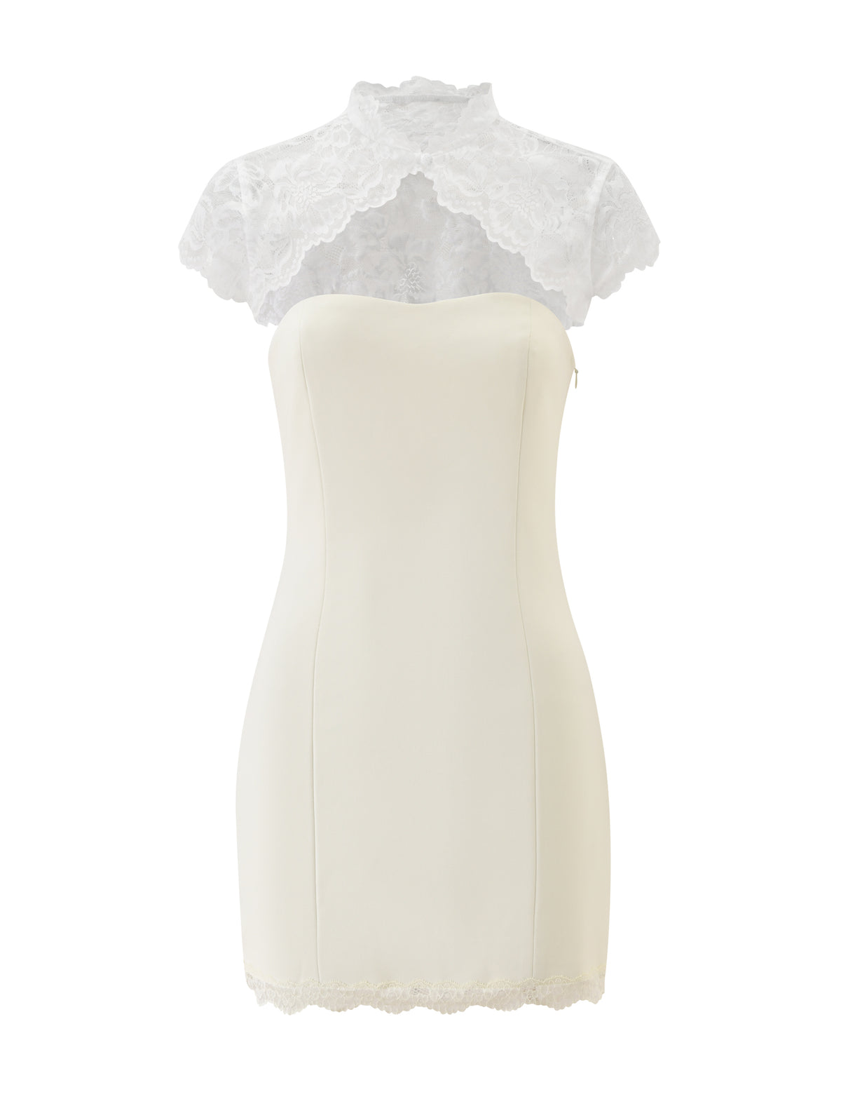 Cream BRIA MINI DRESS - CREAM, a strapless mini dress featuring a sheer white lace shrug overlay.