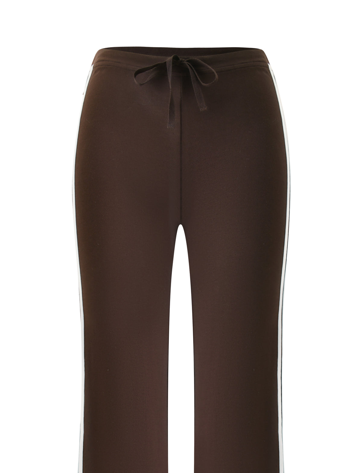 The COLLINS TRACKPANT - CHOCOLATE STRIPE by TIGERMIST features chocolate brown trackpants with a drawstring waist and white vertical stripes along the sides, showcasing a subtle flared leg silhouette, displayed against a plain white background.