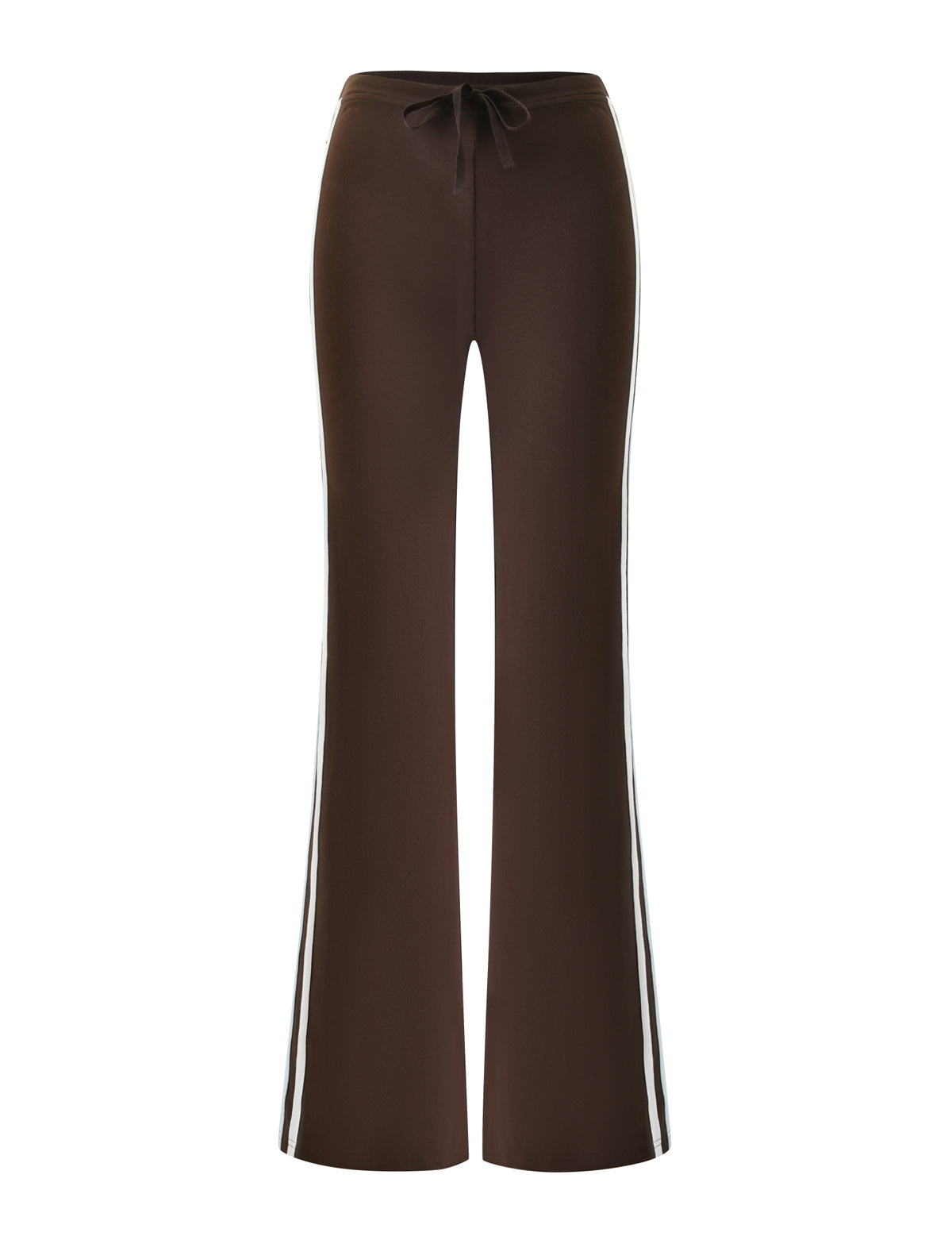 The TIGERMIST COLLINS TRACKPANT - CHOCOLATE STRIPE features brown flared legs, a drawstring waist, and white side stripes, displayed on a plain white background.